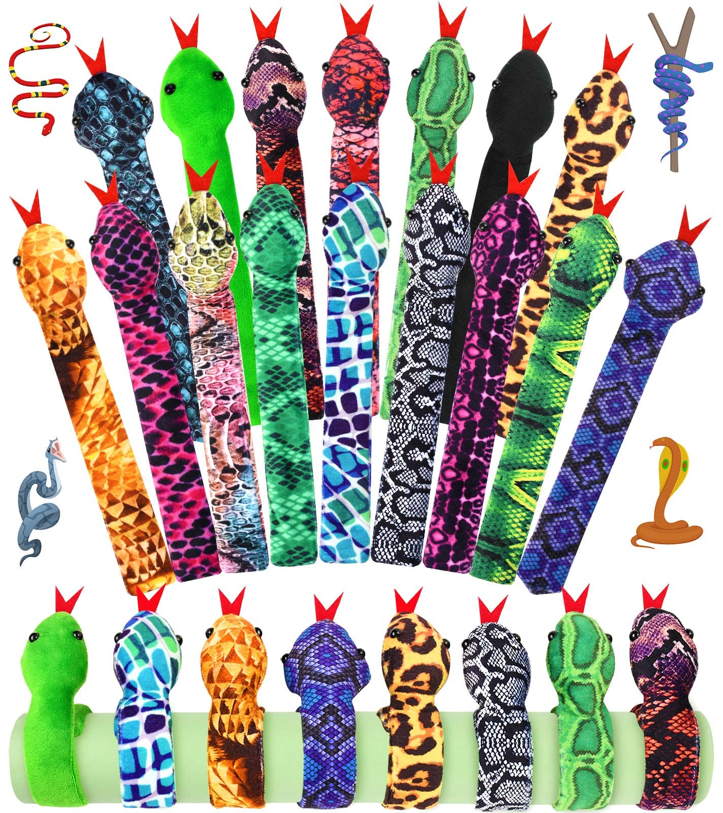16Pcs Snake Slap Bracelet, Assorted Reptile Animal Slap Bracelets Stuffed Snap Bands Fuzzy Slap on Bracelet for Kids Boys Halloween Birthday Reptile Party Favors