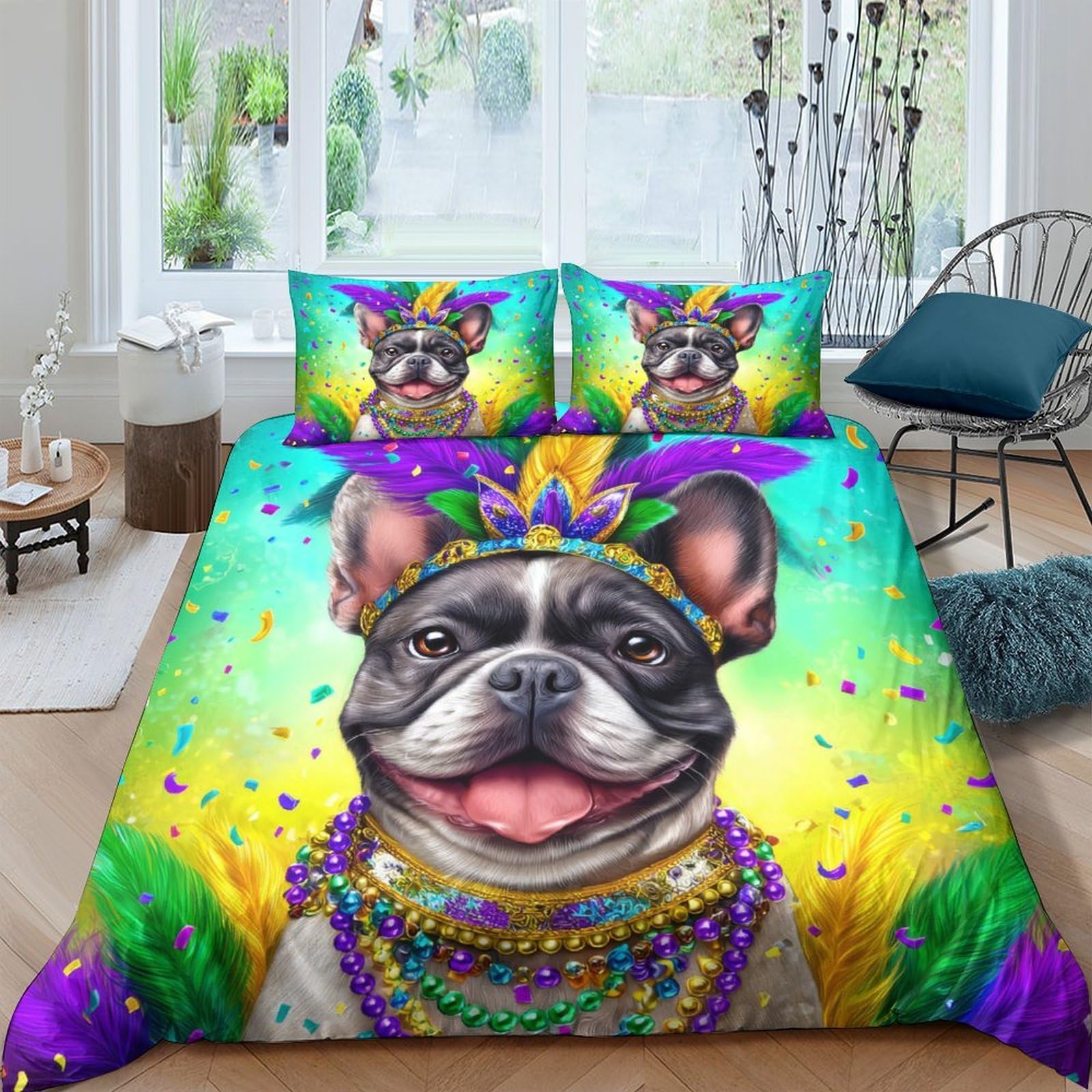 Ctjqhvkz Style-5 3D Printed Mardi Gras Bulldog Fitted Sheet Microfiber Colourful Bed Cover For Bedroom Guest Room Decor Single（135X200cm）