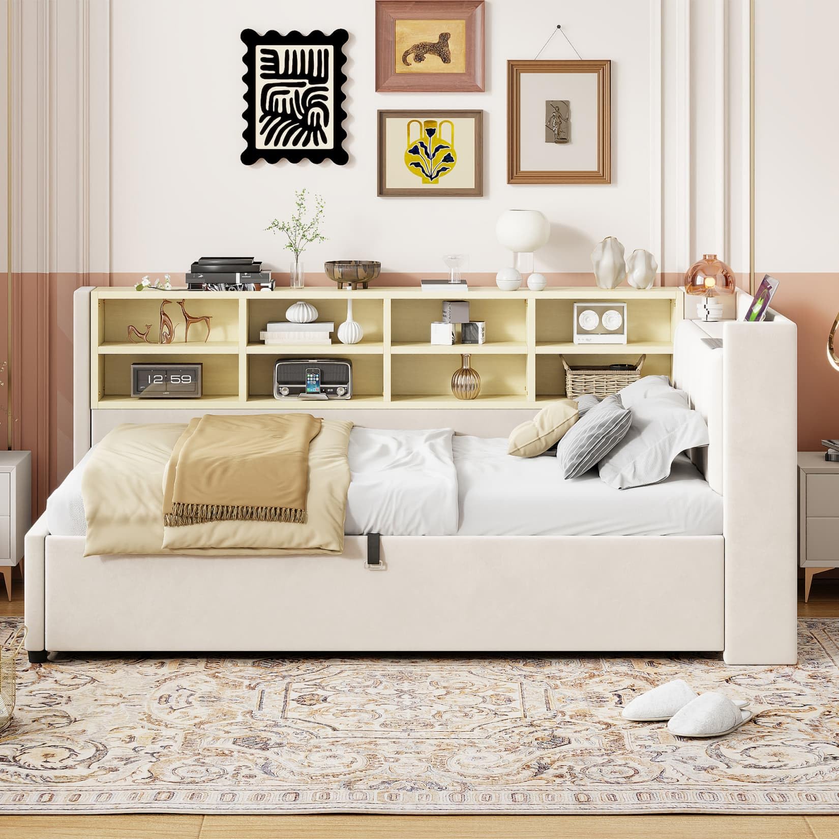 PUGSDRLY Lit 1 Place 90x200cm avec Rangement Hydraulique et Veilleuse,Canapé Lit Multifonctionnel avec Compartiments de Rangement,Port USB et Type-C,Sommier à Lattes,Tissu Velours (Beige, 90)