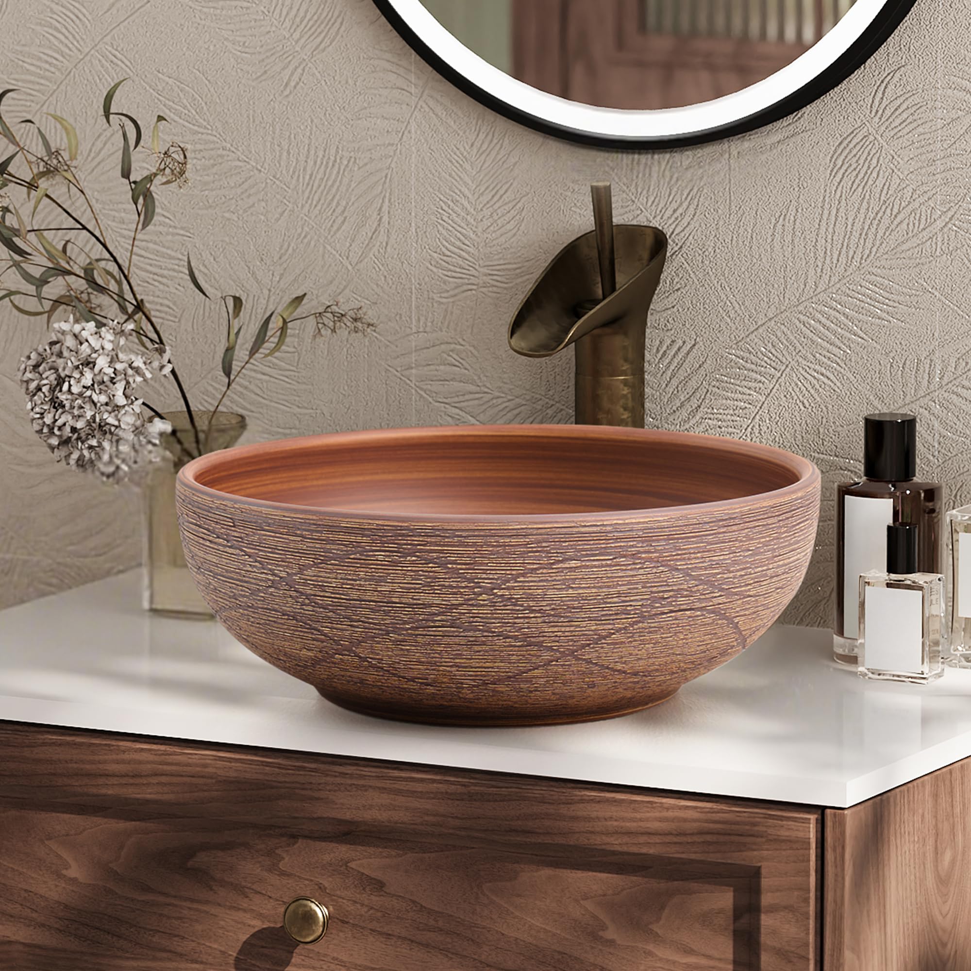 Homary Vasque à Poser Salle de Bain Rond 40 cm, Lavabo Salle de Bain en Céramique Rétro, Vasque à Poser Salle de Bain Élégante, Facile à Installer, Rond