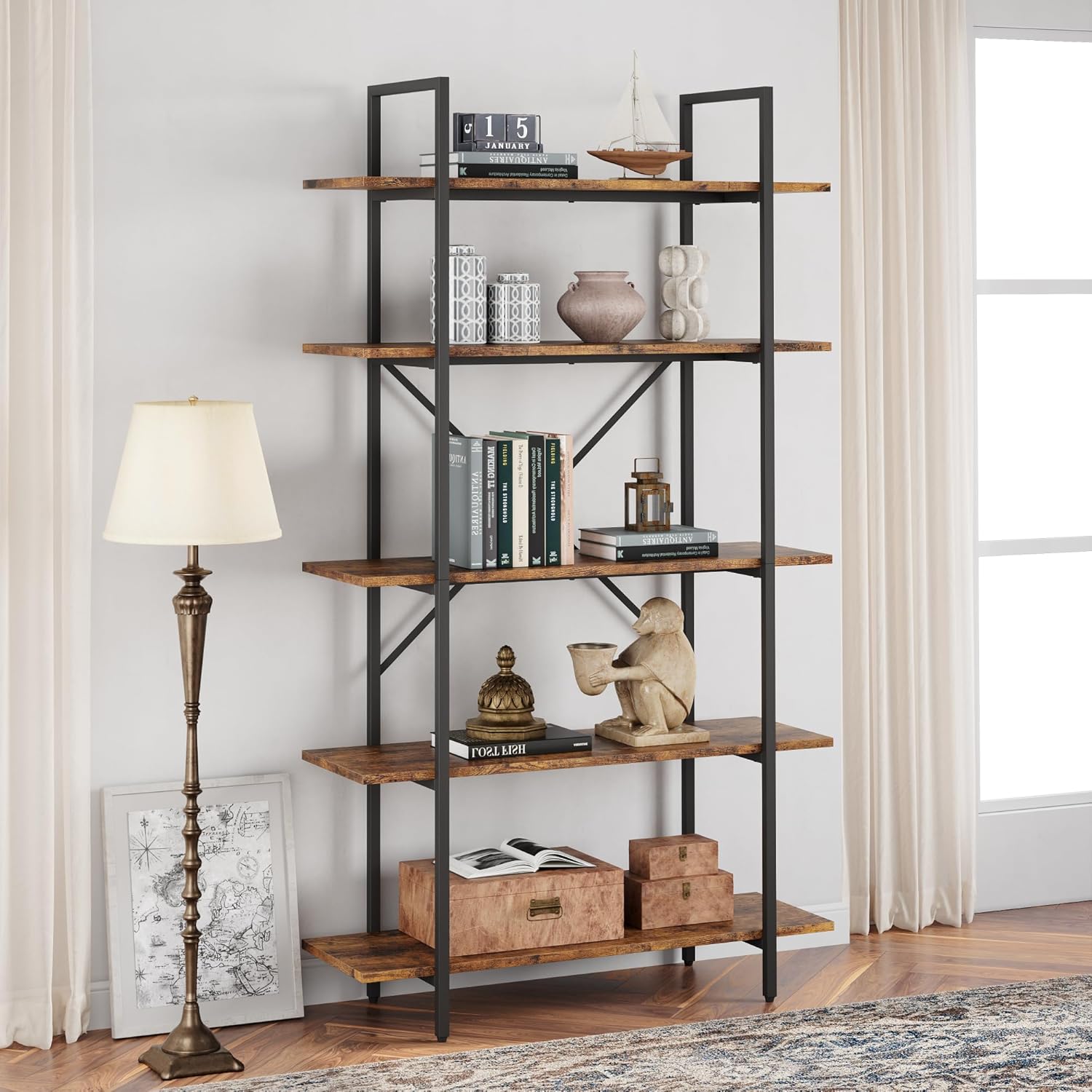 GAOMON 5 Tier Bookshelf, 67.9” Tall Bookcase with 5 Open Book Shelves, Vintage Bookshelves and Bookcases, Large Display Shelves for Home Office, Study Room, Living Room-Rustic Brown