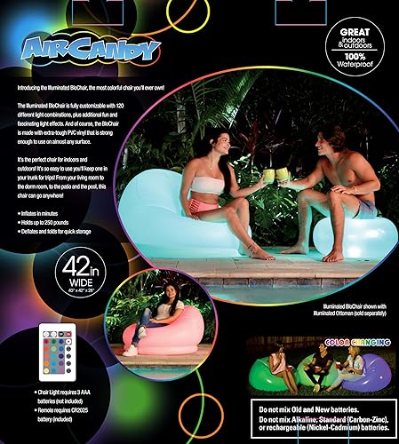 Miniatura 10 de Air Candy Silla LED inflable iluminada: elige entre más de 120 opciones y es perfecta para interiores y exteriores, 100% impermeable. (Sillón LED