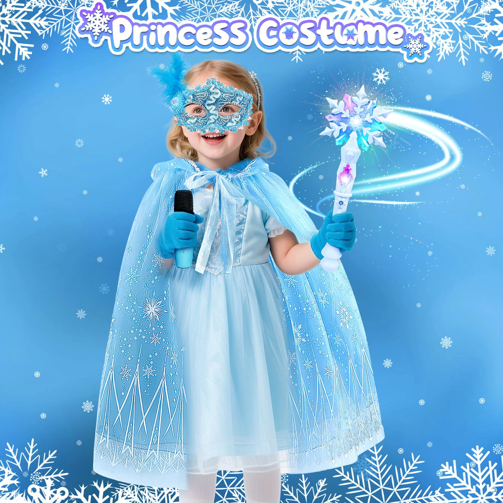 G.C Eiskönigin Spielzeug Geschenk für Mädchen 4 5 6 7 8 Jahre, Mini Karaoke Maschine mit Kindermikrofon & Prinzessin Kostüm Zubehör & Zauberstab, Eiskönigin Spielzeug Geschenke Mädchen