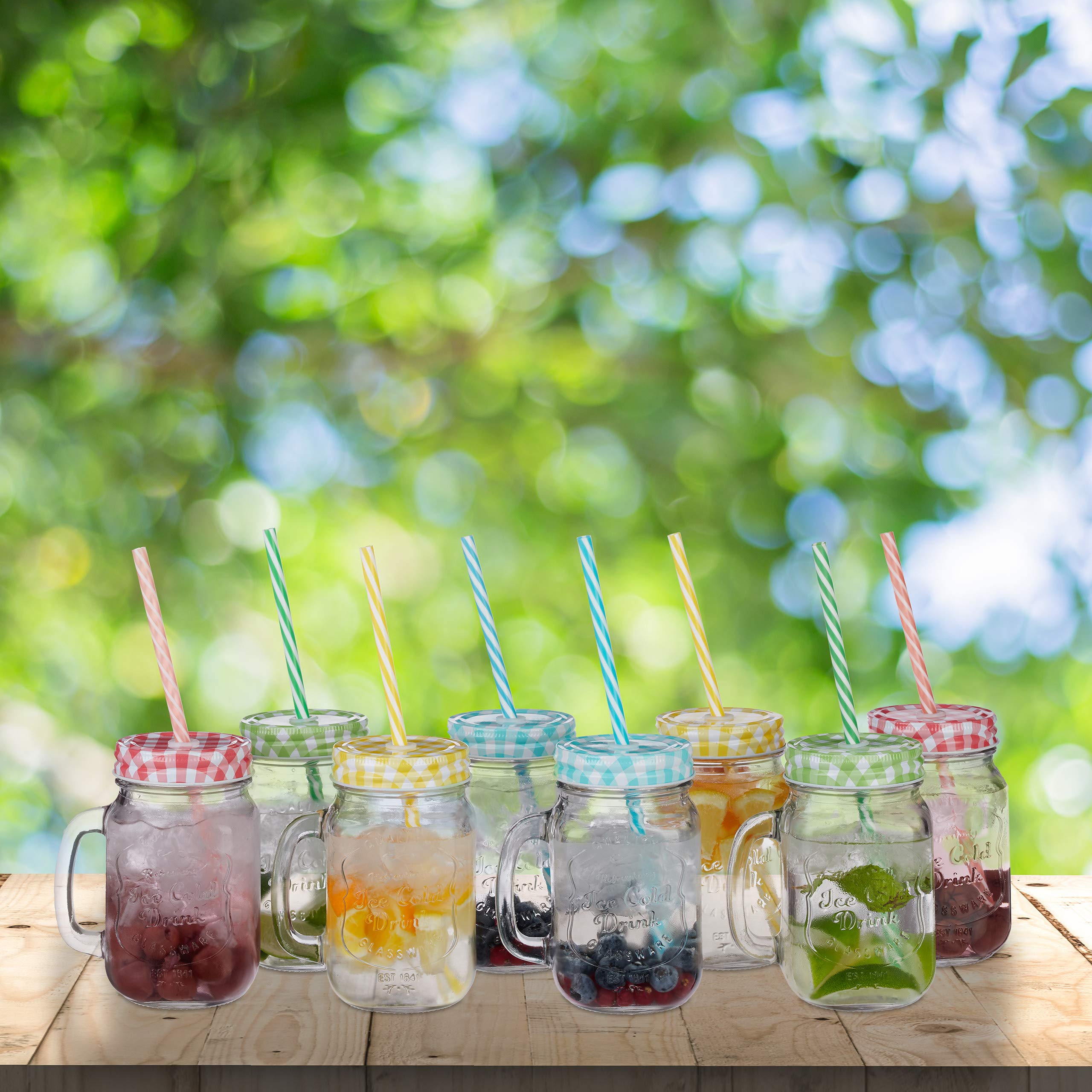Relaxdays 64 x szklanka do picia ze słomką, 400 ml, wys. x szer. x gł.: 13 x 10,5 x 15 cm, pokrywki z uchwytem, zestaw szklanek do napojów lodowych, kolorowe