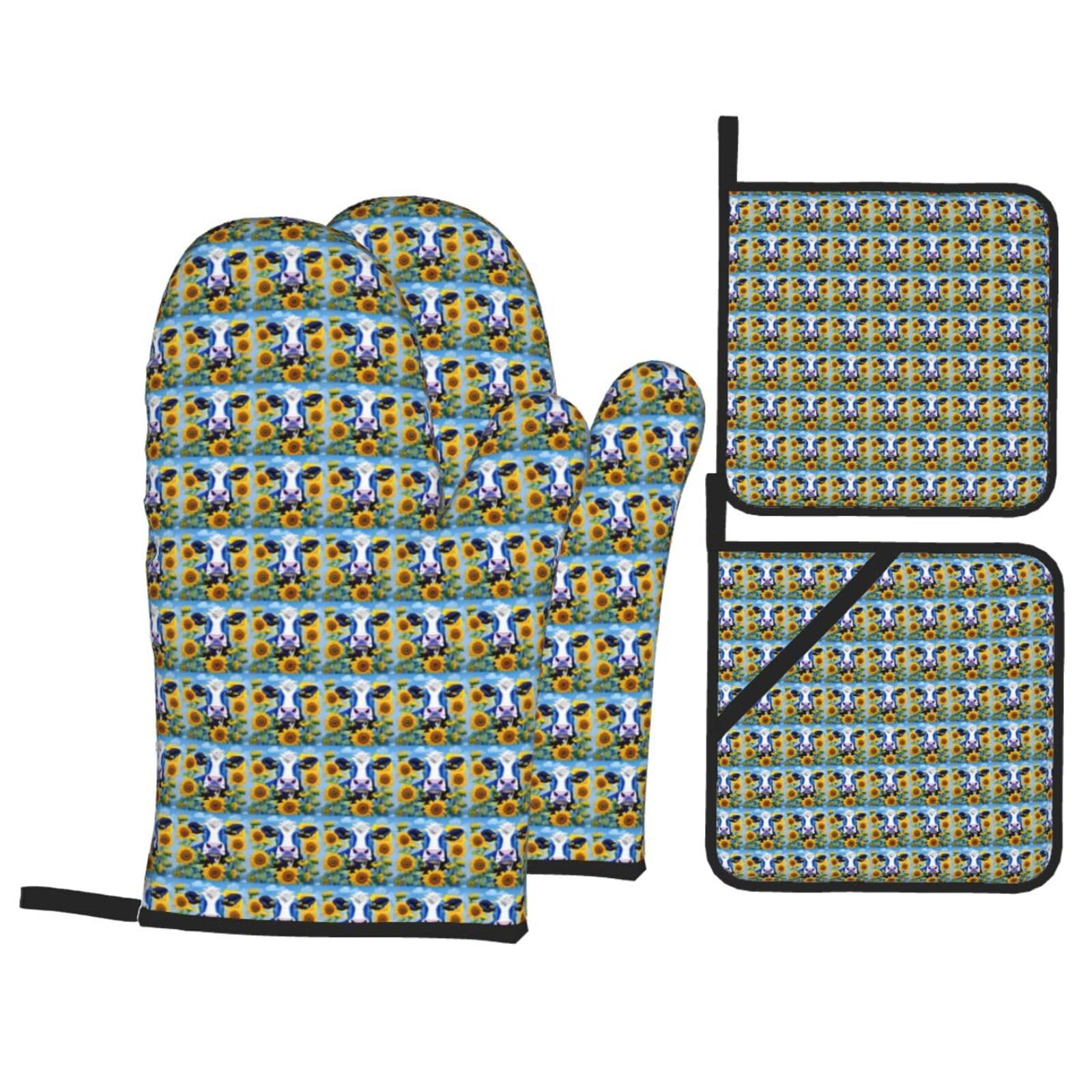 Cow with Sunflowers in Blue Print 4-Piece Heat-Resistant Oven Waterproof Kitchen Gloves Cooking Roasting Essential