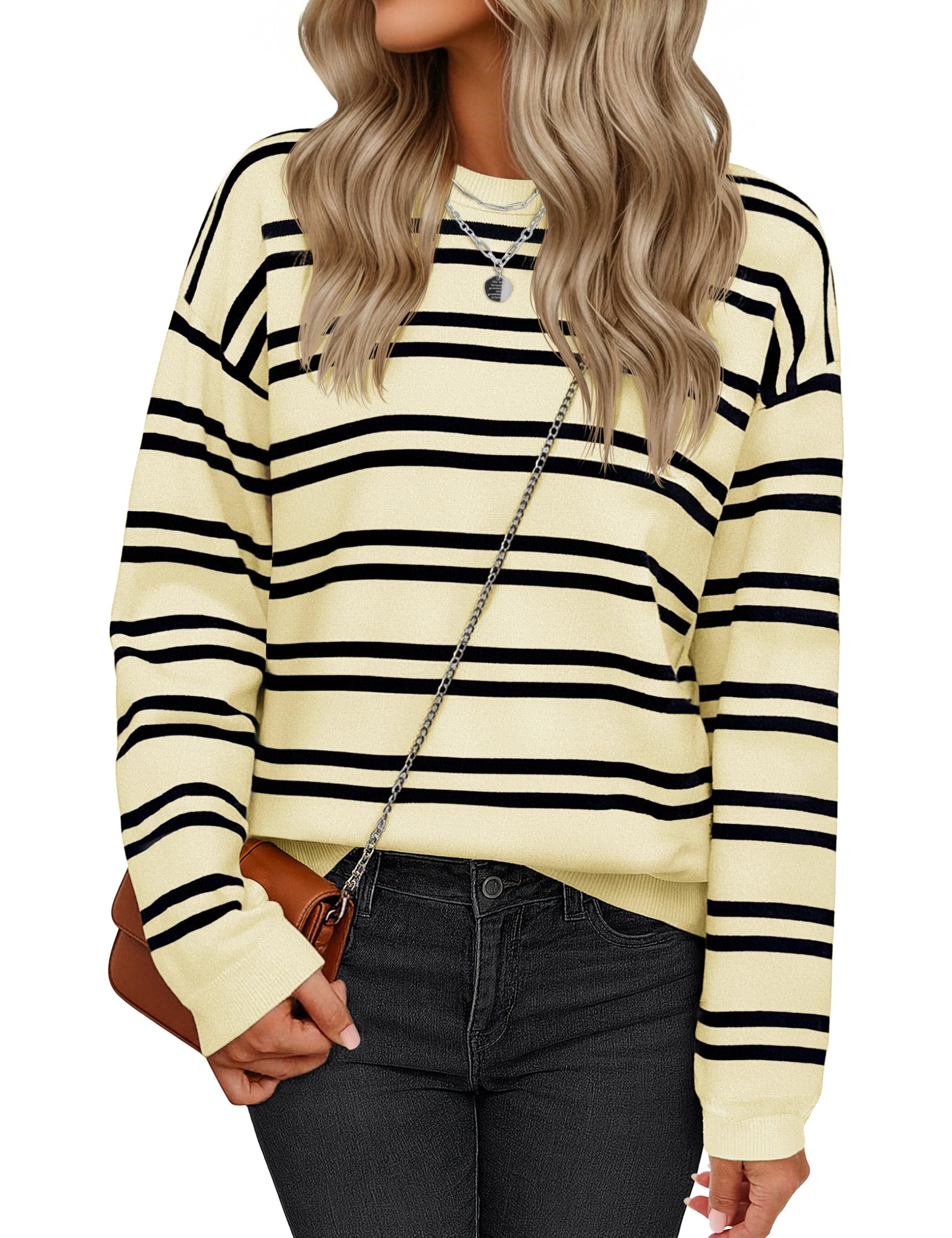 YUCOLEN Womens Striped Sweaters Casual Crewneck Long Sleeve Knit Pullover for Fall Winter