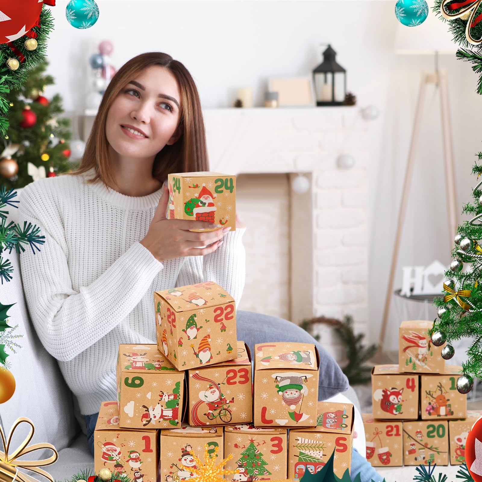 SATINIOR 24 Paires Chaussettes De Noël Avec 24 Boîtes De Calendrier De L' Avent De Compte à Rebours, Taille Unique(Classique