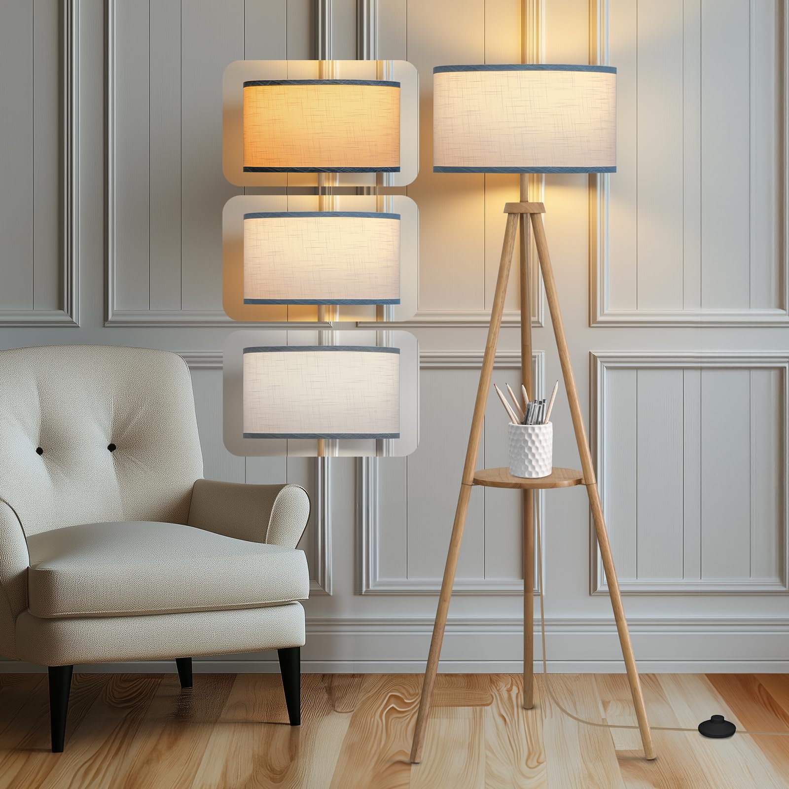 EOEYYOYB Stehlampe Holz mit Regal, 3 Farbtemperatur, Tripod stehlampe wohnzimmer mit Beige Lampenschirm für deko wohnzimmer Schlafzimmer Büro