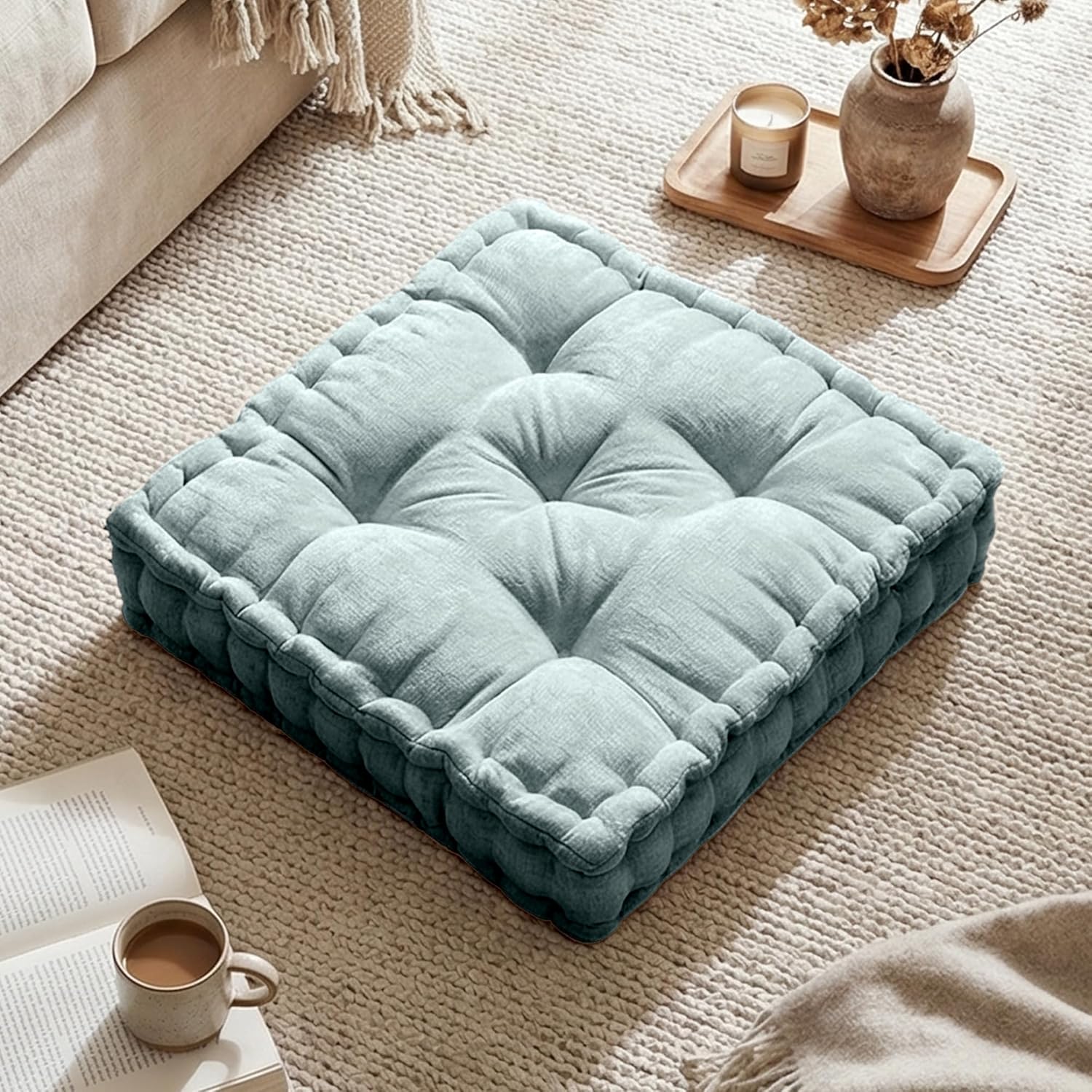 Intelligent Design Floor Pillow - Shredded Foam Filled Meditation & Yoga Cushion, Chenille Tufted, Handsewn Scalloped Edge, Oeko-TEX Certified, Azza, 20" x 20" x 5" Aqua