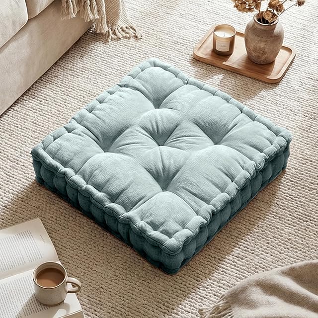 Intelligent Design Intelligent Design Floor Pillow Large Meditation Cushion, 20x20 Aqua | Sitting for Adults Yoga, Shredded Foam Filled, Chenille Tufted Cover, Handsewn Scalloped Edge, OEKO-TEX Certified, Aqua, 20"W x 20"L x 5"H