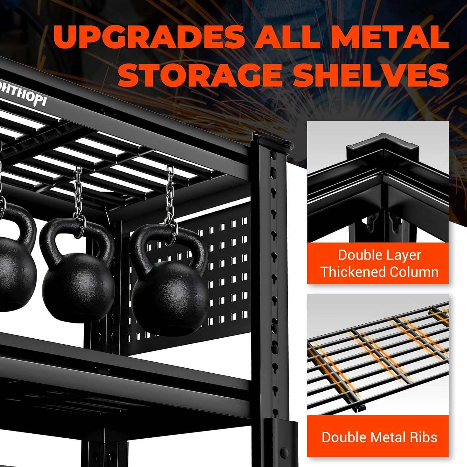 LDHTHOPI 72.2''H Garage Shelving Heavy Duty 5-Tier Adjustable Storage Shelves Unit, 2 Side Pegboards, 5000 LBS Metal Utility Rack Shelf for Warehouses Basement, Grid, 72.2''Hx48.2''Wx24.2''D