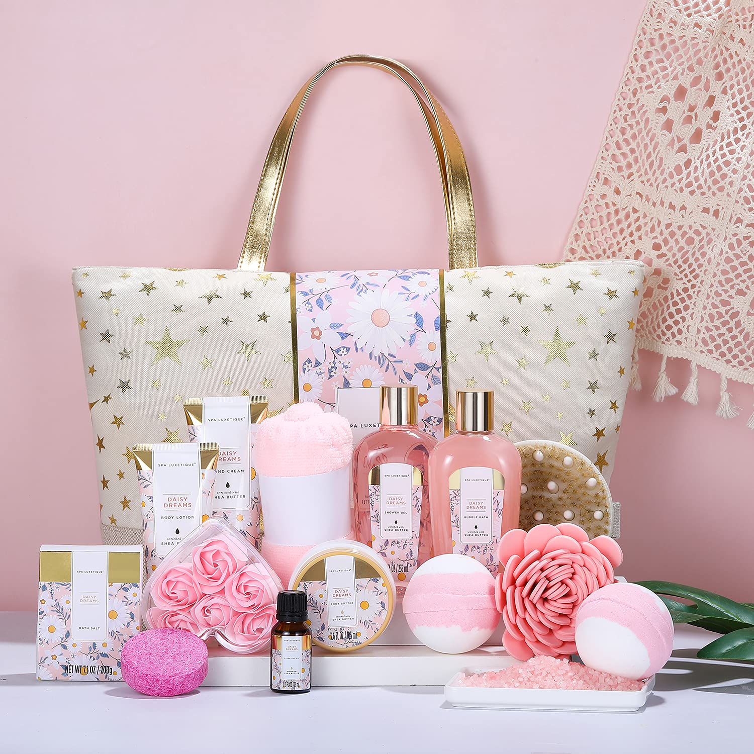 Spa Luxetique Gift Baskets for Women, Dasiy Dream Scented 15pcs Bath Gift Sets with Shower Gel, Hand Cream and Tote Bag, Mother's Day Gifts for Mom - Image 2