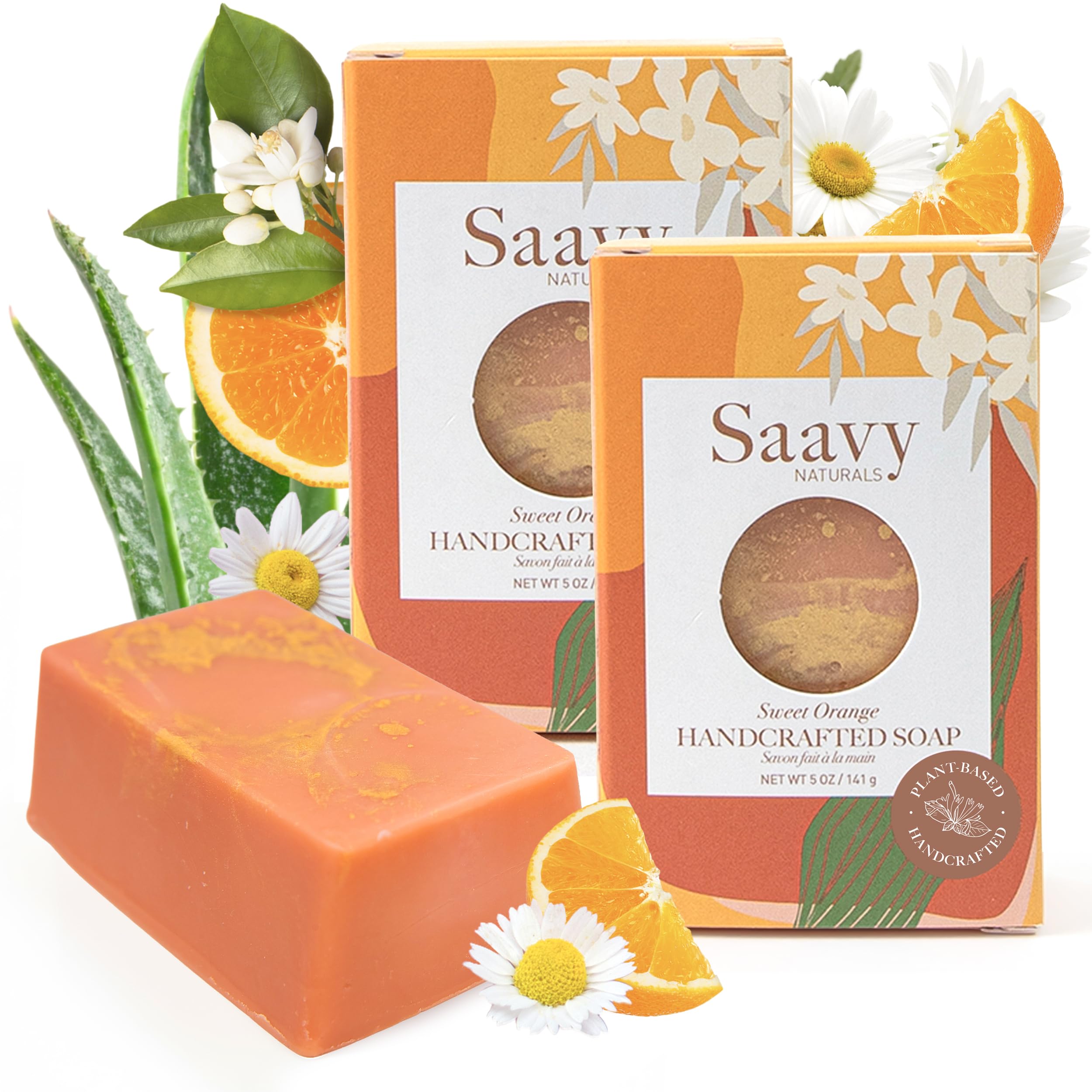 Saavy Naturals Sweet Orange Handmade Soap Bar, Moisturizing Formula Vegan Soaps, Organic Bath Soap Bars for Women, Creamy Lather Soap Gift Sets for Women, 5 Oz, 2 Pack