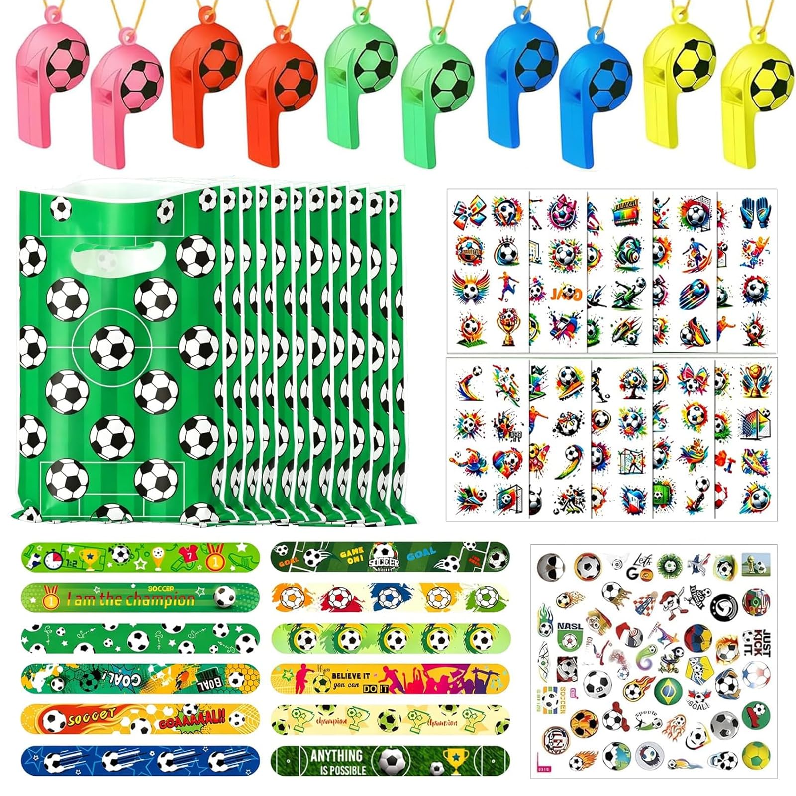 93 Pcs Football Party Bags Fillers, Includes Whistle, Snap Bracelets, Gift Bag,Tattoo Stickers, Football Themed Stickers, Football Filler Kids Party Favours Supplies Gifts for Boys Girls Birthday
