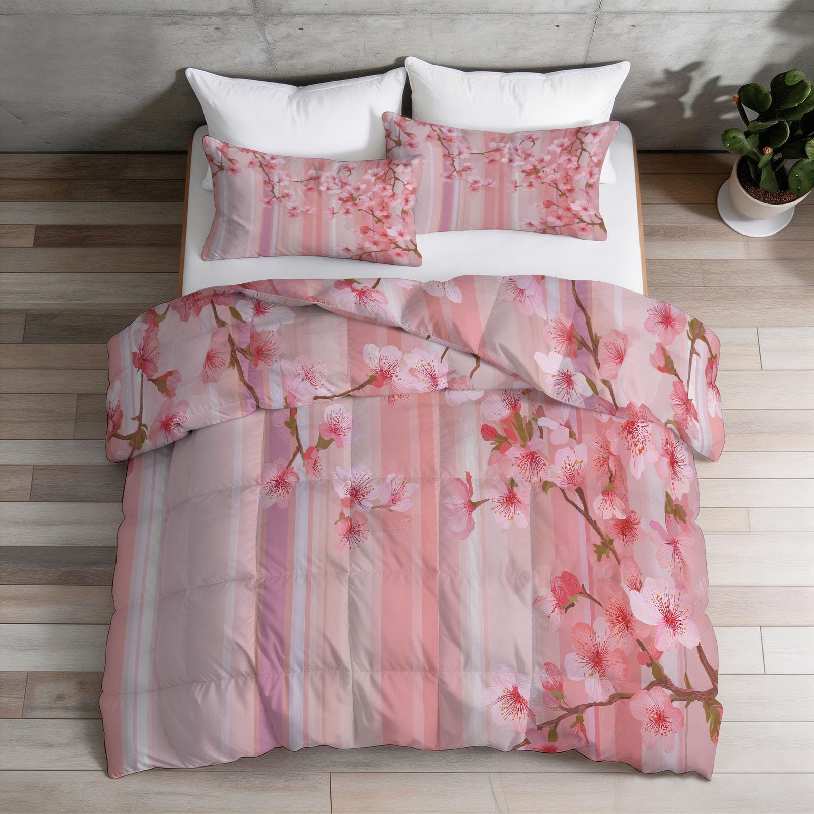 Bettdecke Einfach 4 Jahreszeiten, Kirschblüten Vertikale Streifen Leicht Weiche & warm Steppdecke für Doppelbett Einzelbett, 155 x 220 cm Waschbare Wende Daunendecke Set mit 2 Kissenbezug, Hellrosa