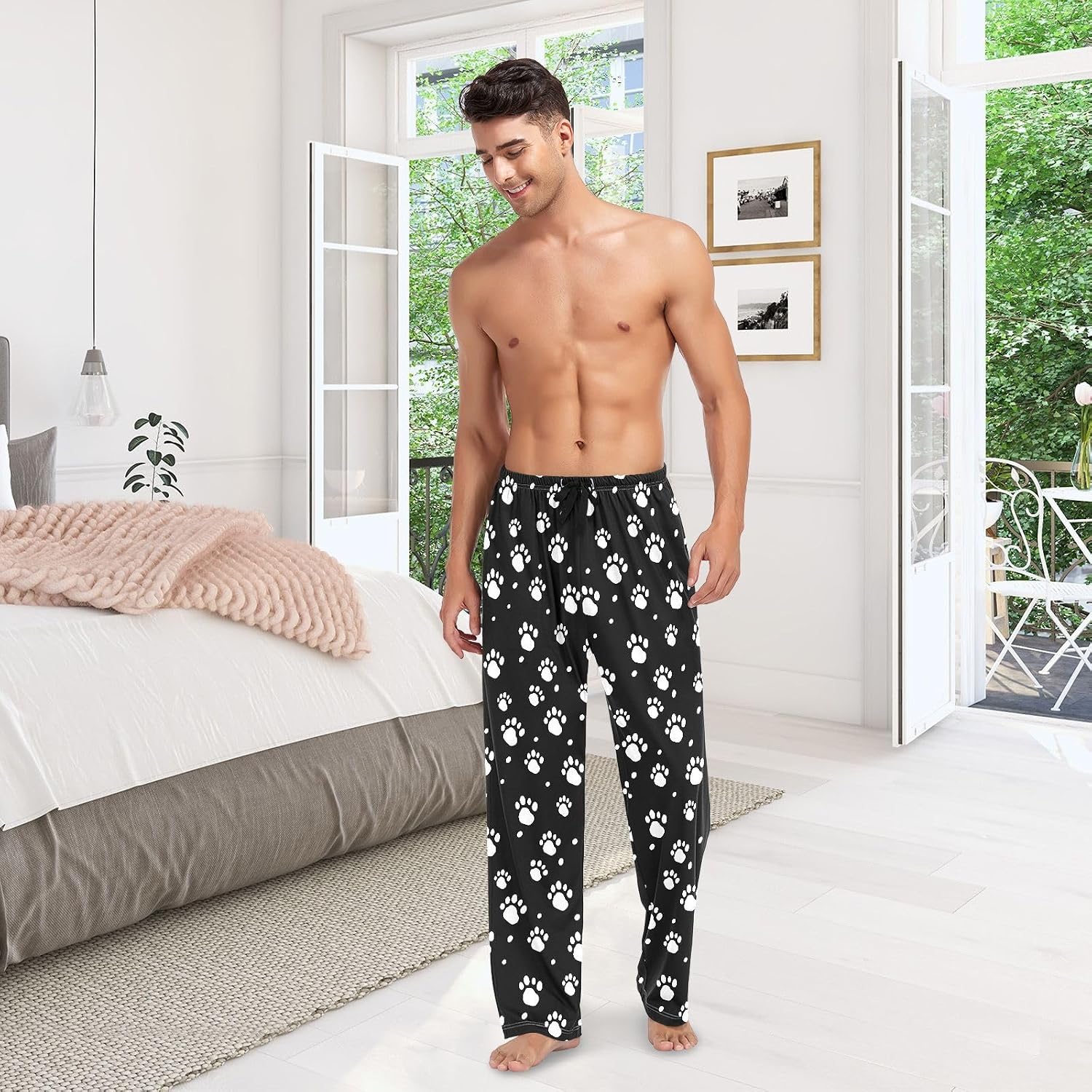 ALAZA White Dog Paw Prints Men's Pajama Pants Men Cotton Pajama Bottoms with Pockets, S