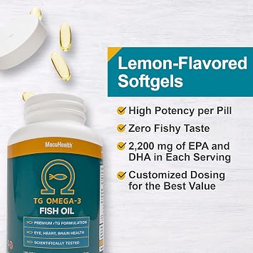 Macuhealth Omega 3 Fish Oil - 1100mg DHA, 1100mg EPA - rTG Formula | 120 softgels, 3 months supply - Eye & Brain Health Supplement, Triglyceride Formula