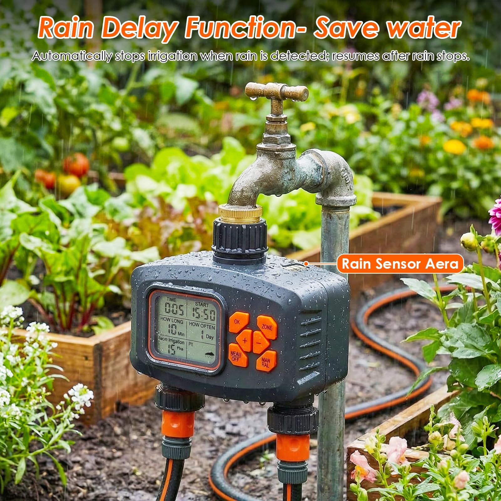 Bewässerungscomputer mit 2 Ausgängen, Wasserzeitschaltuhr Regenverzögerung, Automatische Bewässerung Wasser Zeitschaltuhr mit 8 Zeitplänen und Manueller Modus, Timer mit LCD für Rasen, Garten, Balkon
