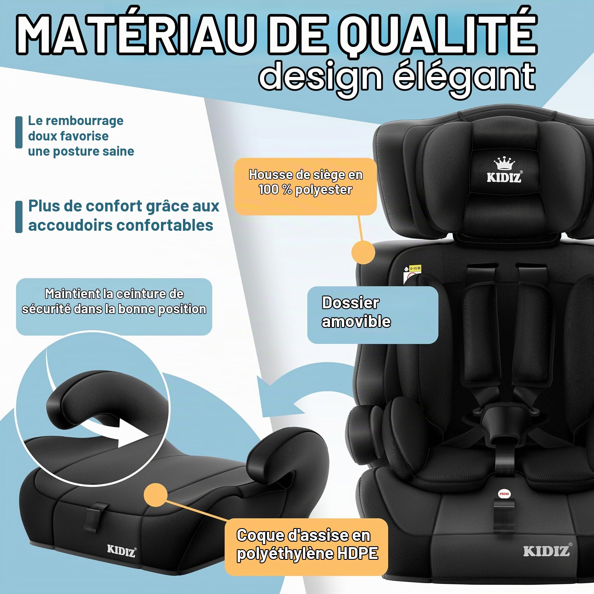 KIDIZ® i-Size R129 Siège auto pour enfant de 100 à 150 cm jusqu'à 12 ans, groupe 1/2/3 sans Isofix, siège enfant qui grandit avec le corps, ceinture à 5 points et appui-tête réglable en hauteur, noir