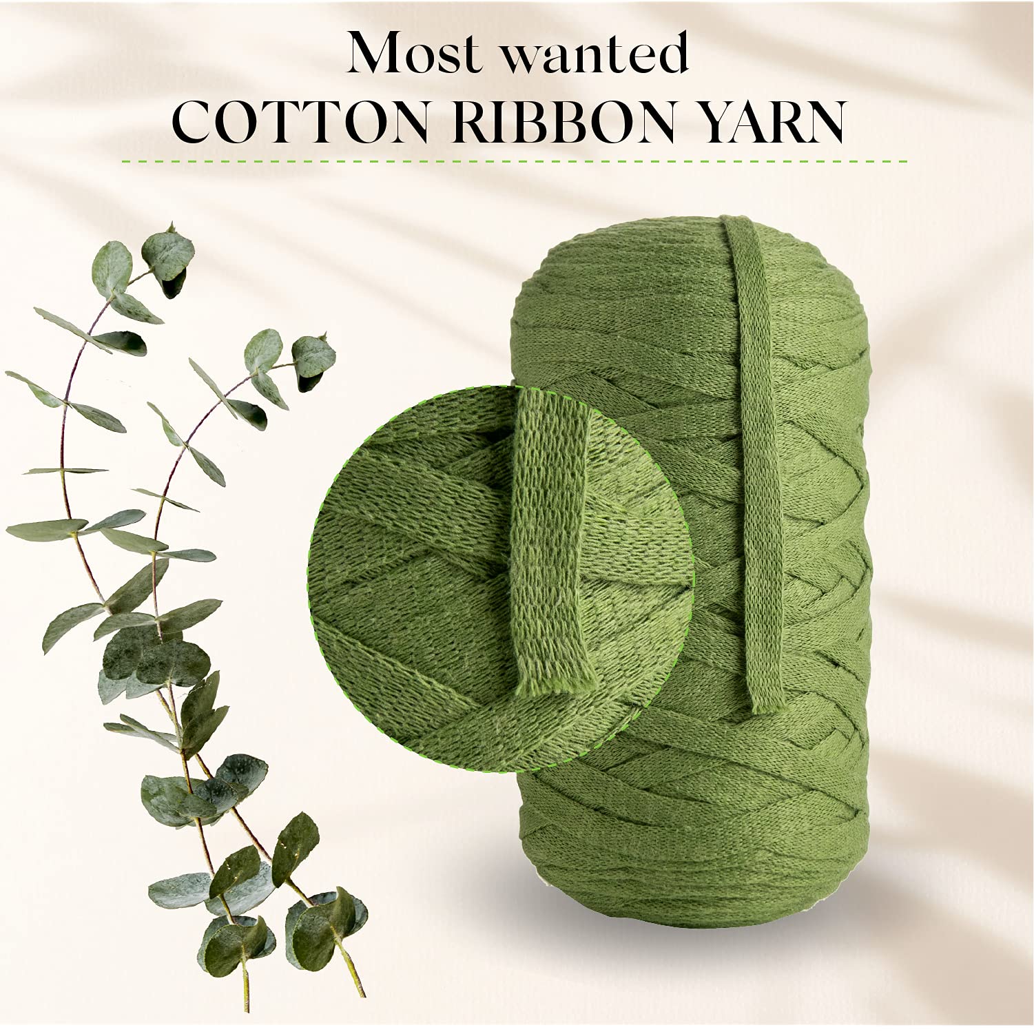 MeriWoolArt® Cotton Yarn Ribbon Green, 10 mm T-Shirt Tape Yarn for Knitting Macrame, Crochet, Weaving, Gift Ribbon - Image 3