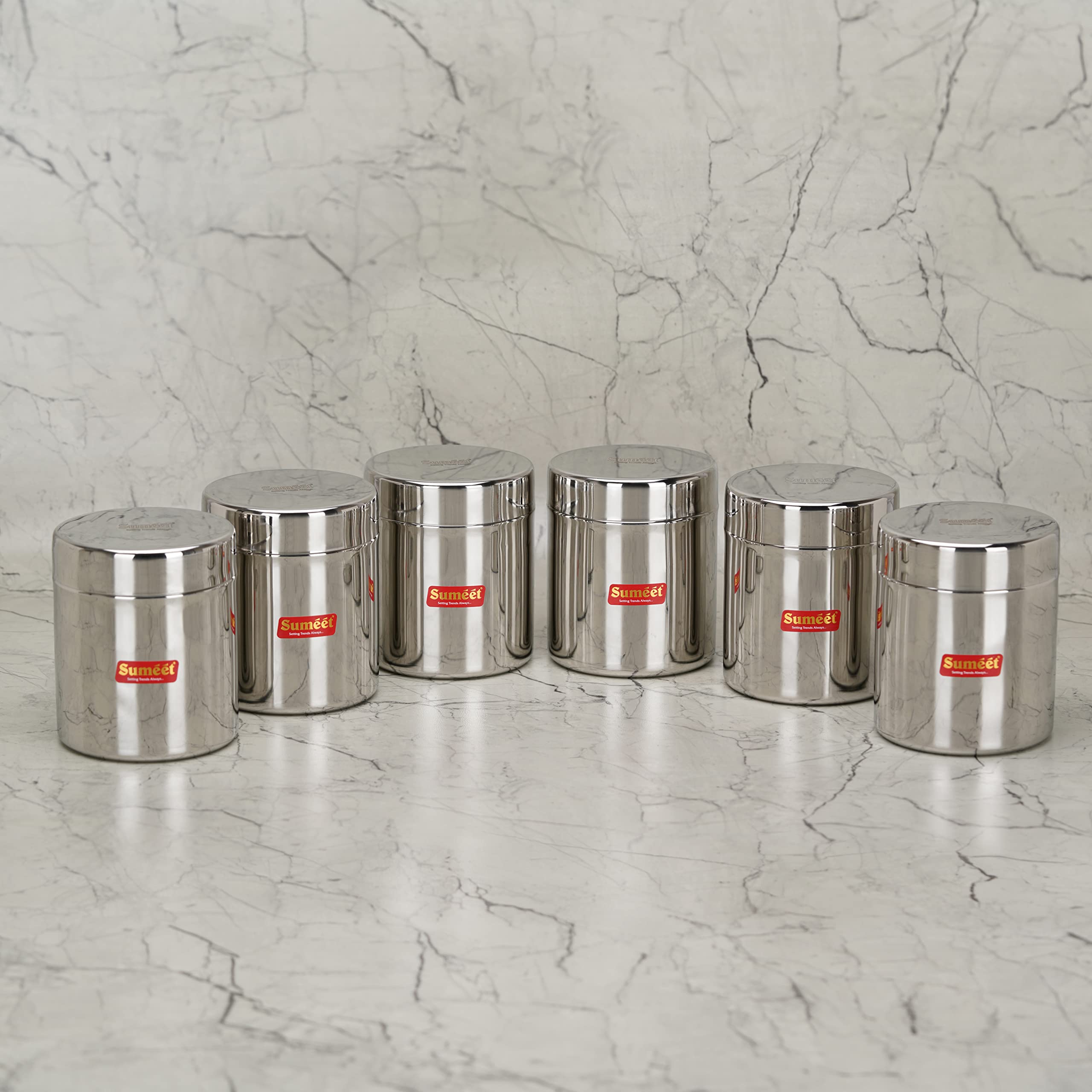 Sumeet Kleine Edelstahldosen/Gläser/Ubha Dabba/Vorratsdosen-Set mit 6 Stück, je 350 ml Fassungsvermögen, 7,5 cm Durchmesser, Silber