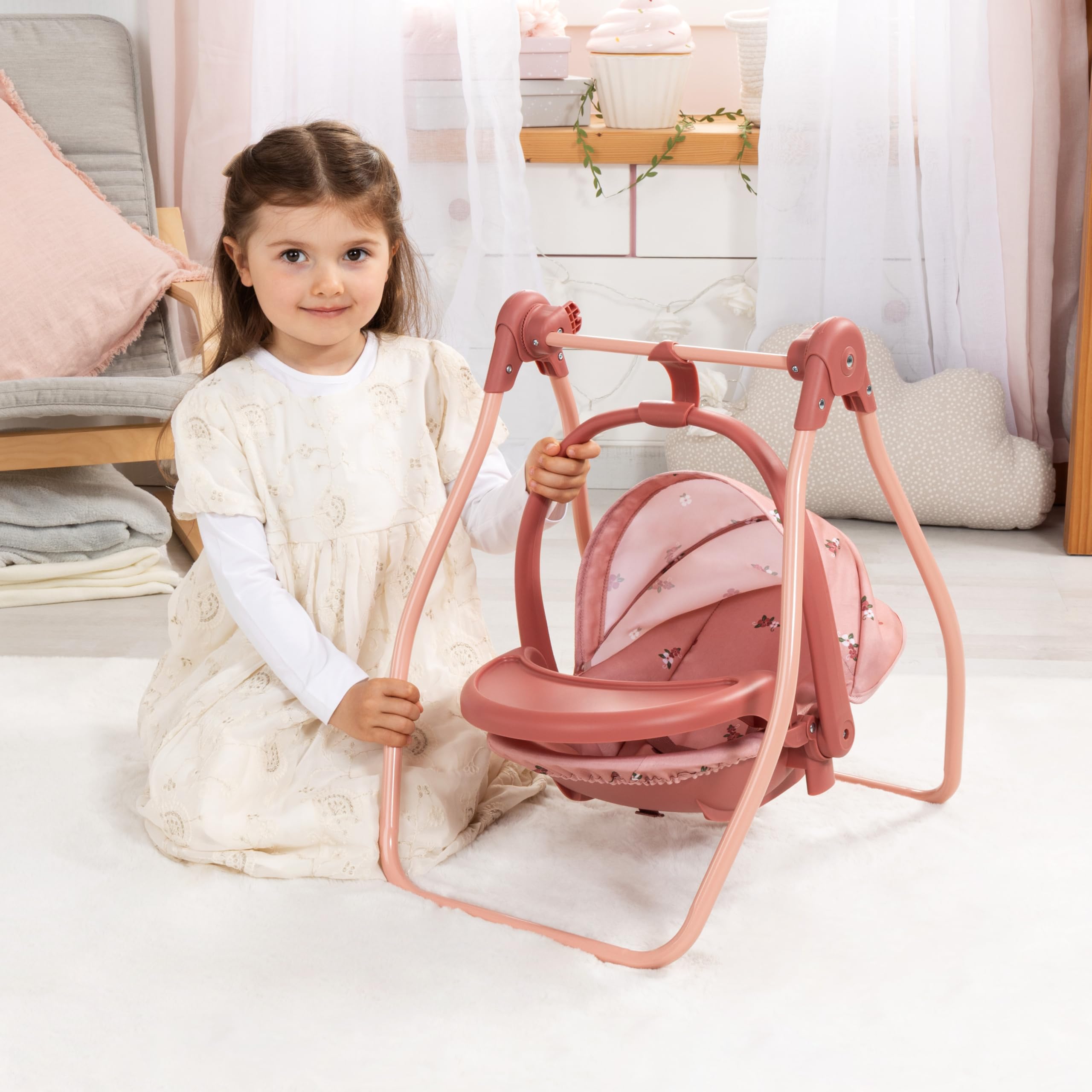 Bayer Design Accessori per bambola Set 4 in 1 seggiolone | Seggiolino auto, lettino, altalena per bambole per giochi di ruolo versatili