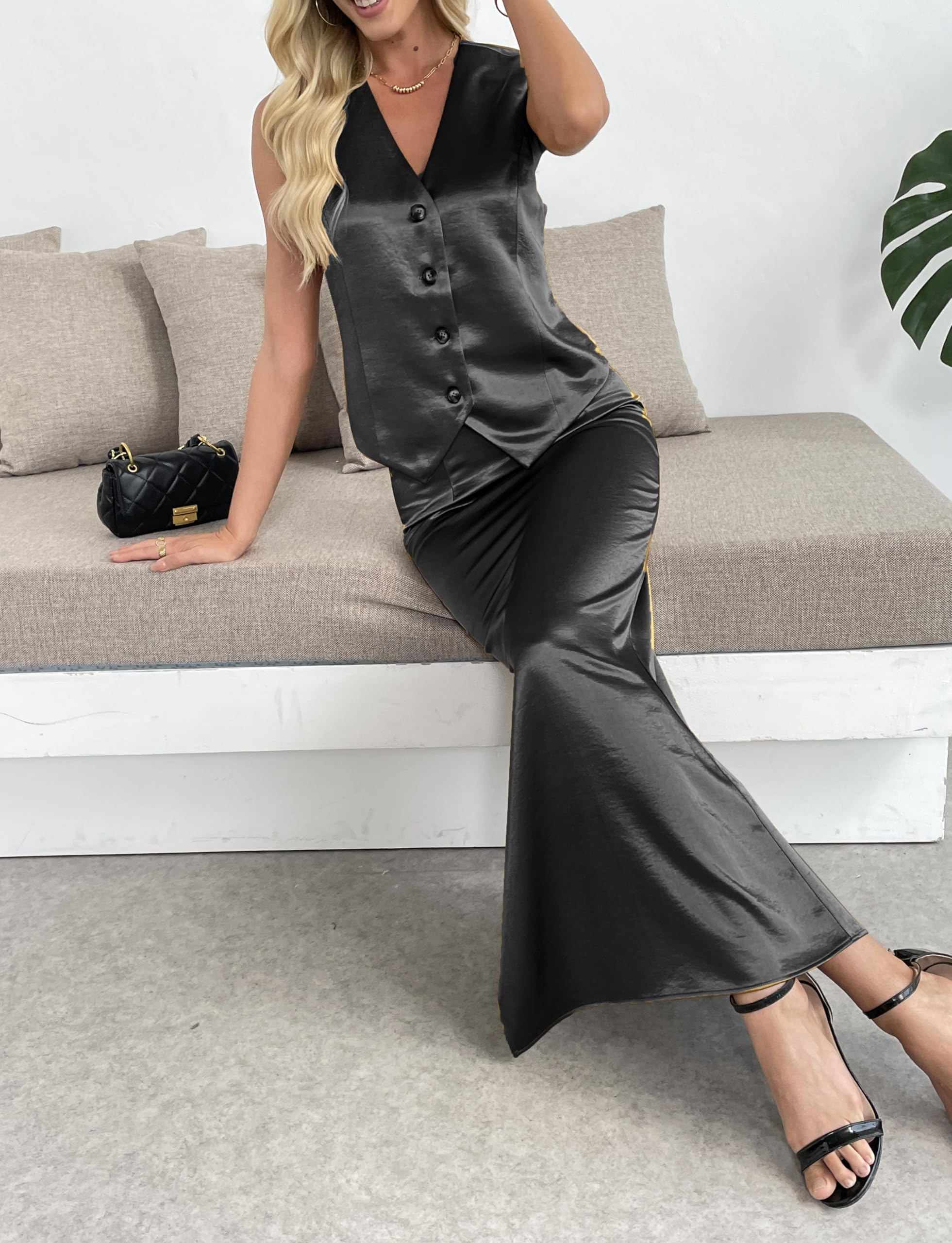 Damen Satin-Outfits 2-teilig lang Maxi-Rock Business Anzug Set