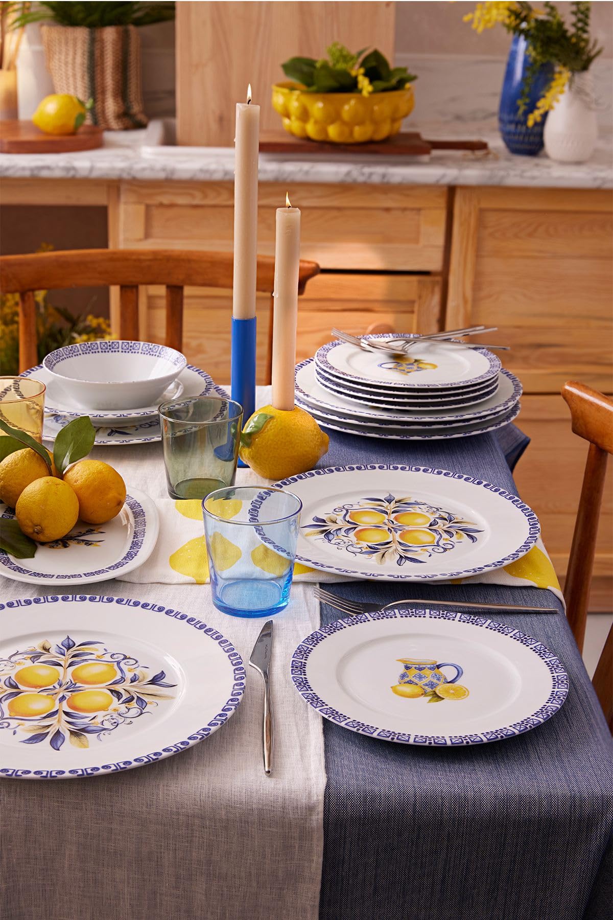 Elegante juego de vajilla de 26 piezas, 100% porcelana, color blanco/amarillo/azul, incluye platos, cuencos y platos, apto para lavavajillas y microondas