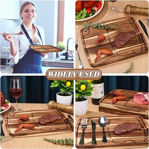 Miniatura 6 de Uiifan Juego de 4 platos de carne con canal de jugo, platos de madera para carne, tabla de cortar de madera de acacia, tabla de servir para el