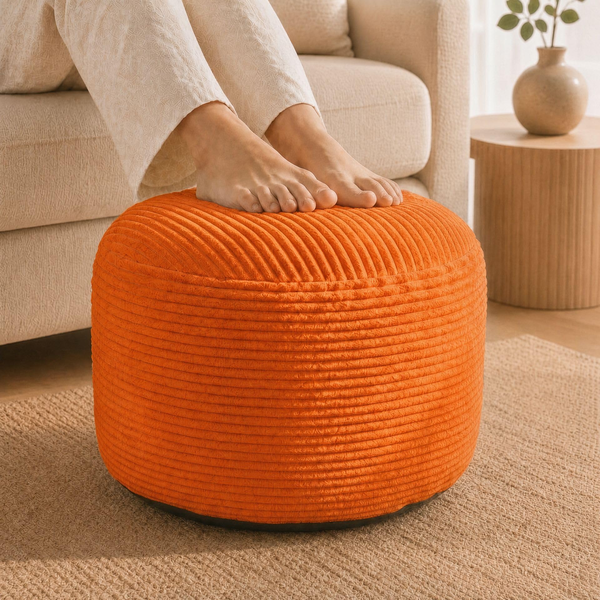 Stuffed Pouf Ottoman,Corduroy Foot Rest,Pumpkin Orange,20 Inch