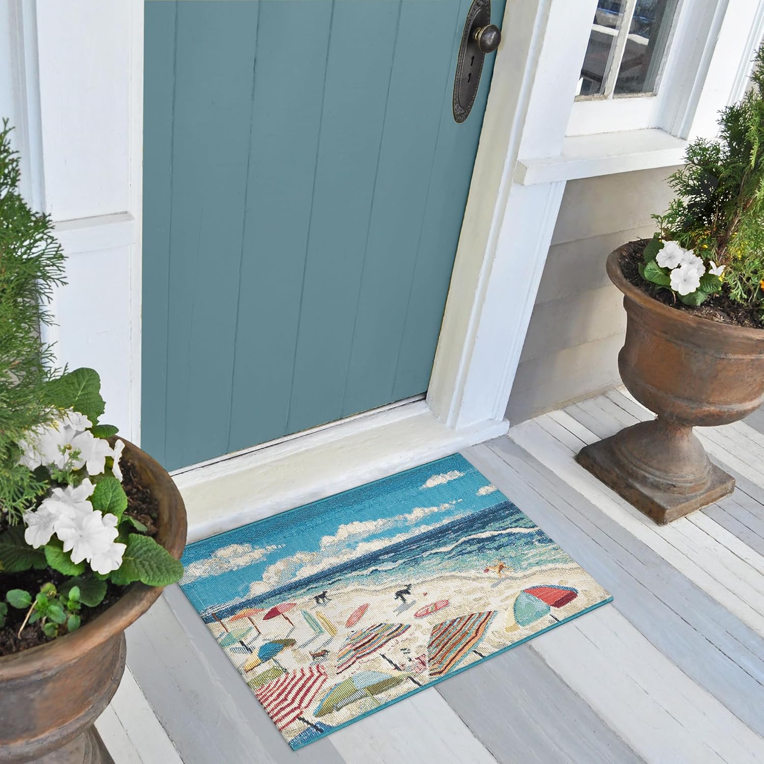 Liora Manne ESENCIA Indoor/Outdoor Power Loomed Latex Back Non Slip Mat - Transitional Whimsical Dog Colorful (Dog Beach Ocean) (2' x 2'10") 2' x 2'10" (Rectangular) Dog Beach Ocean