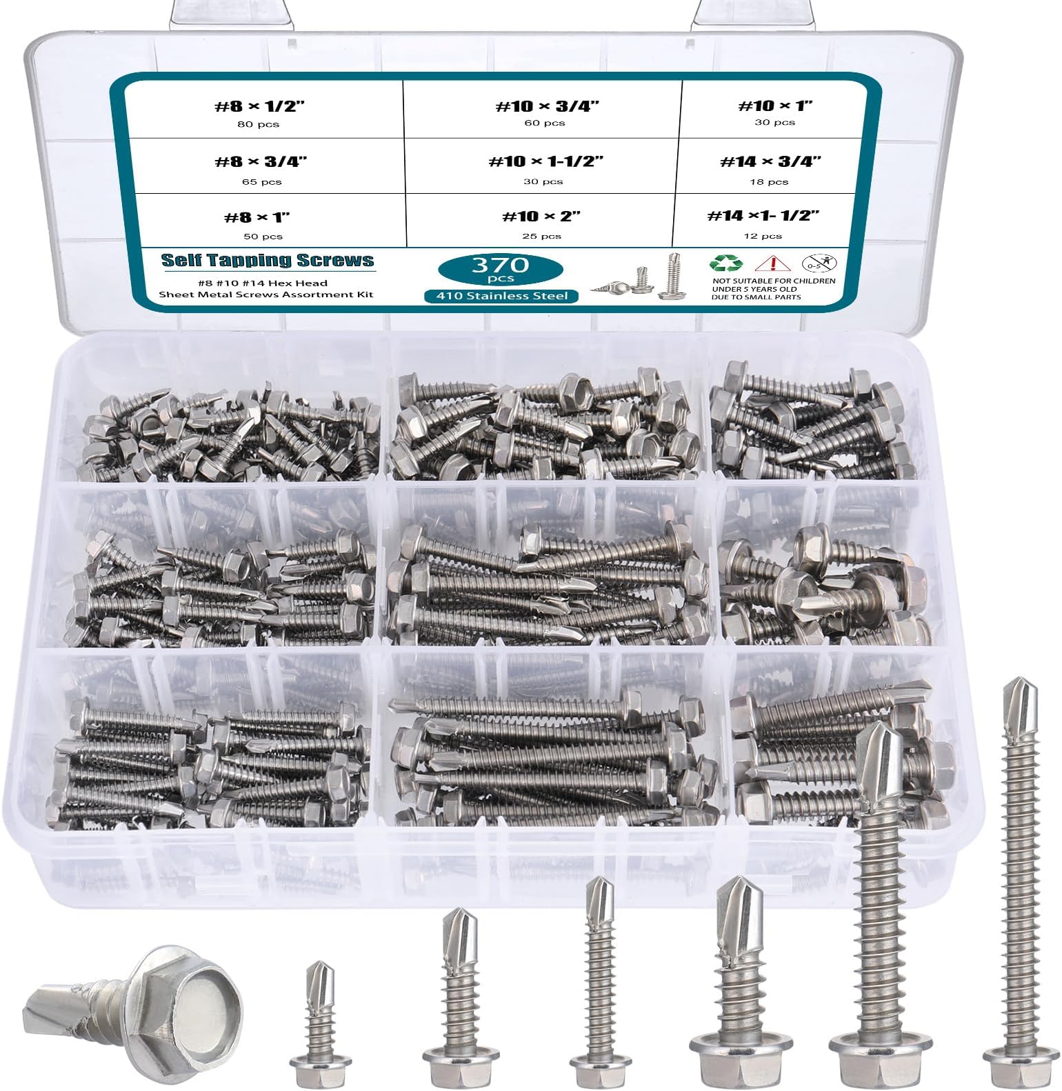SATANTECH #8#10#14 Self Drilling Screws Assortment Kit,410 Stainless Steel Self Tapping Sheet Metal Screws Hex Washer Head,370Pcs Self Tapping Screws for Metal Wood Plastic,1/2" 3/4" 1" 1-1/2" 2"