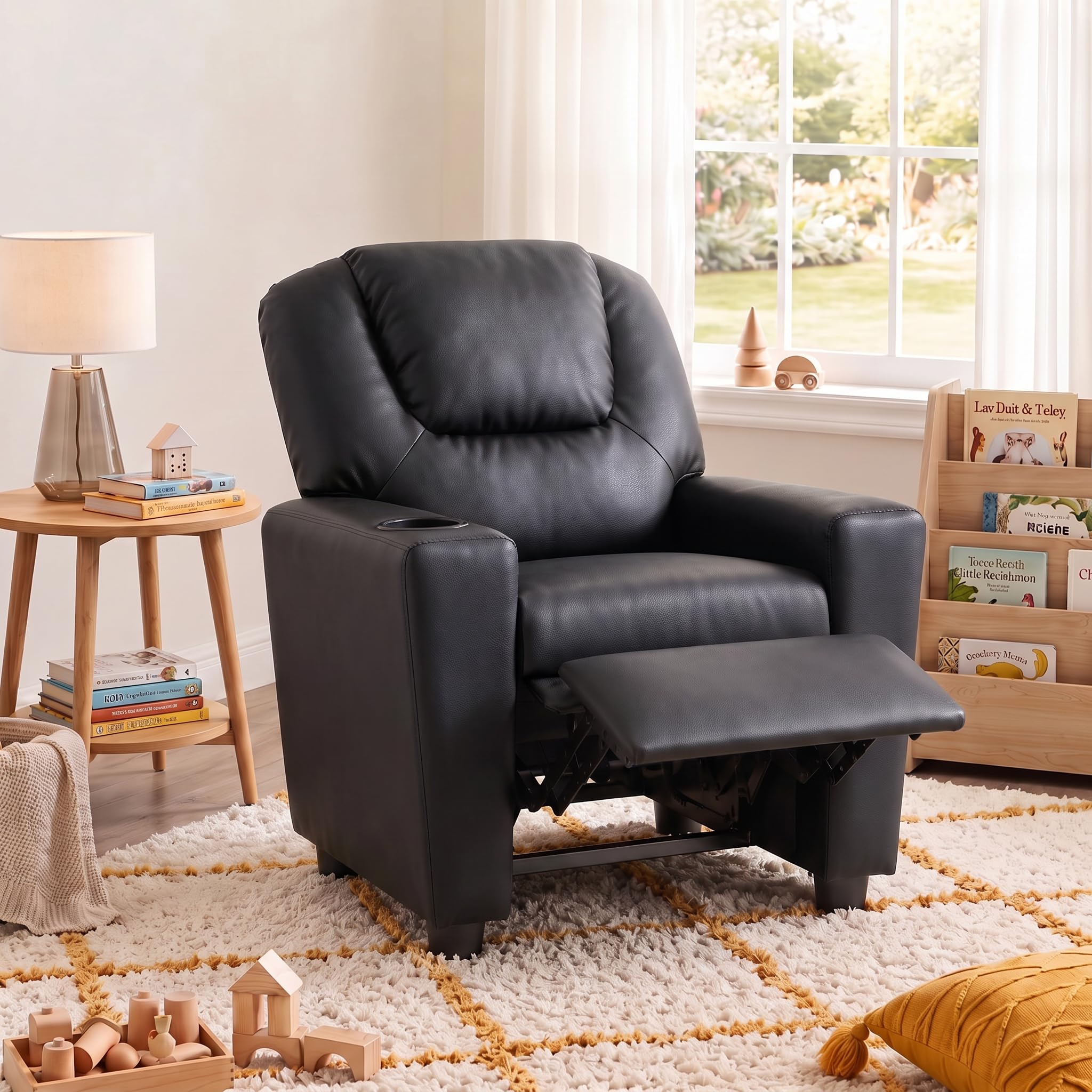 23" W PU Leather Recliner Chair with Cup Holder and Recline, Black