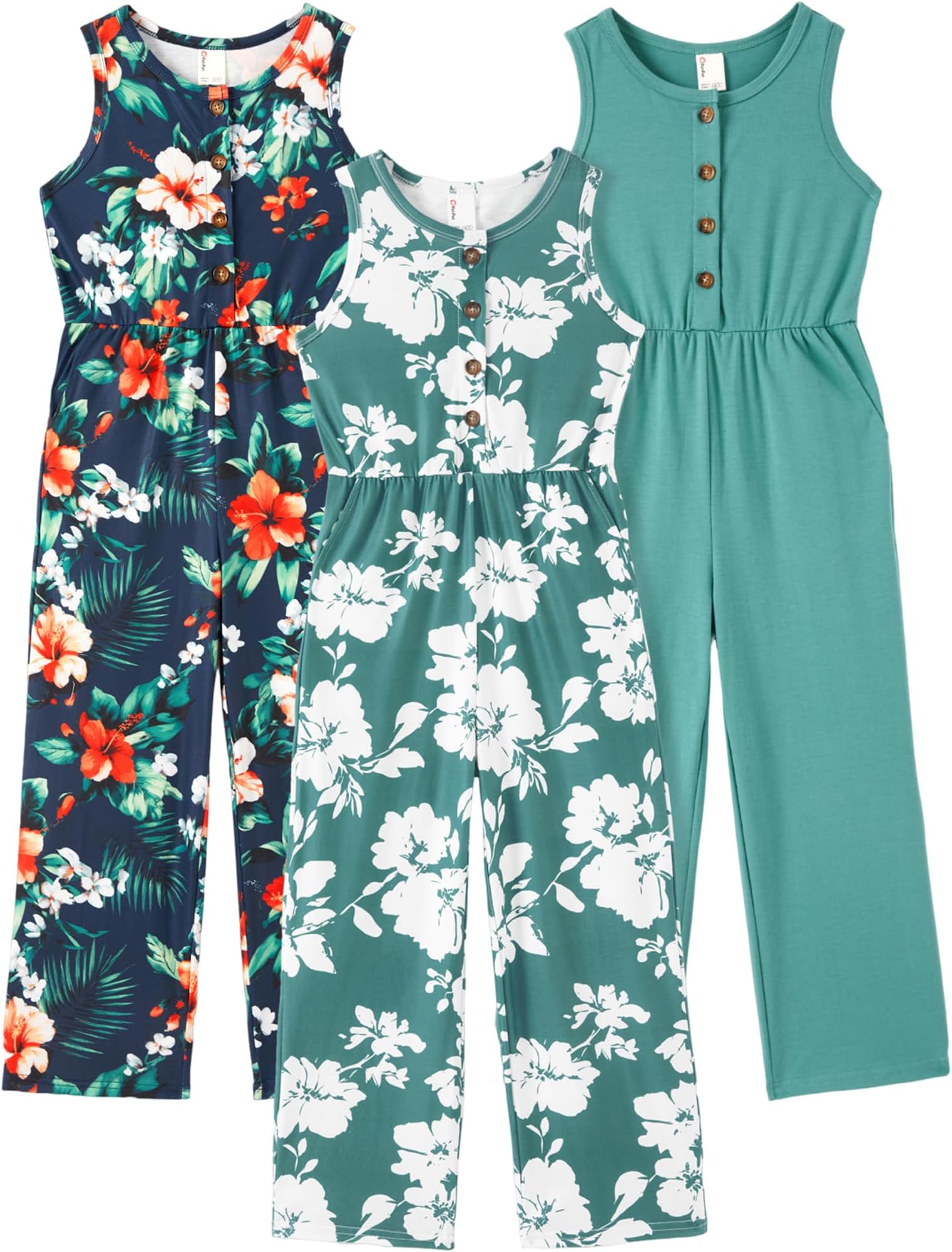3 Pack Girls Jumpsuits Solid Color Floral Print Button Down Sleeveless Jumpsuits Long Romper Pants with Pockets 5-14Y