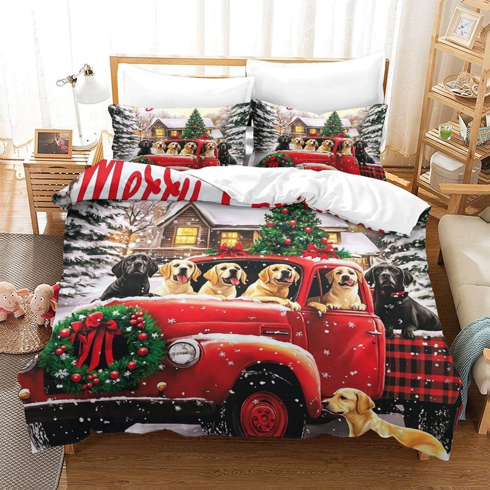 Houssette camion rouge de Noël 3 pièces 220x240cm pour lit adulte et enfant