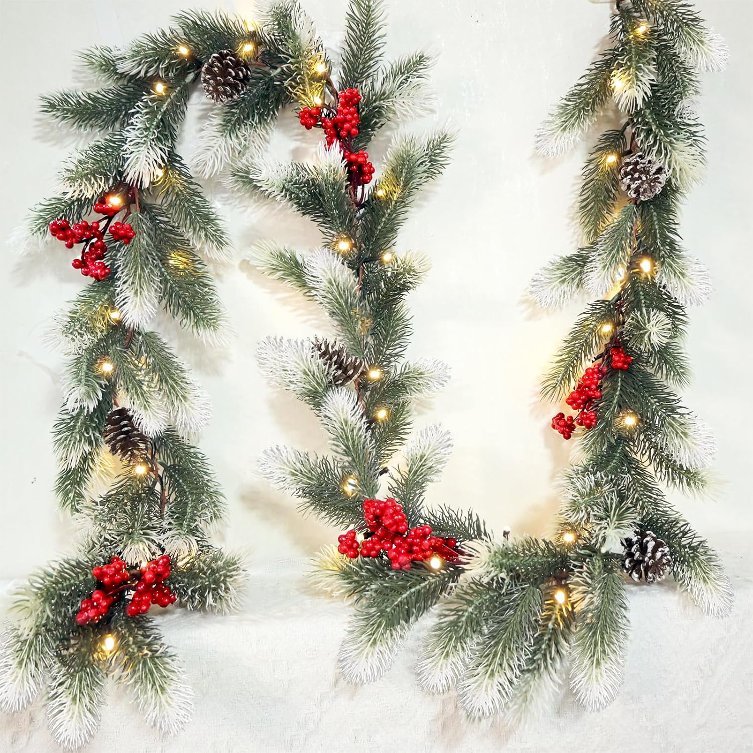 Dense Christmas Garland with Lights 6.56 FT Christmas Long Cedar Garlands for Xmas Tree Christmas Snowy Winter Pine Garlands Greenery Garland for Table Mantle Wall Indoor Outdoor Decorations