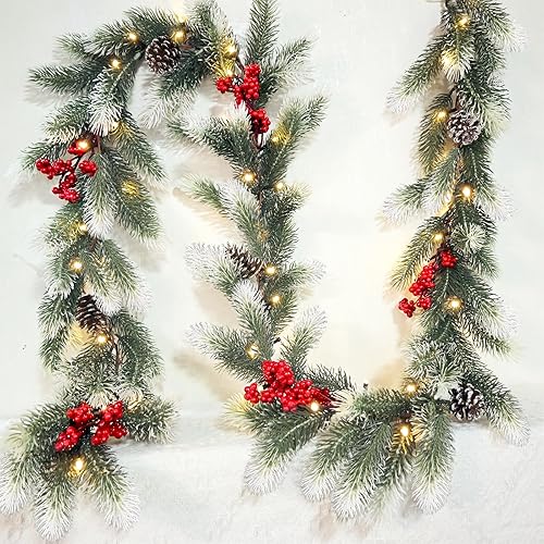 Miniatura 1 de Guirnalda de luces de Navidad de 6.56 pies, 40 luces LED de pino de cedro verde para árbol de Navidad, invierno, guirnalda de pino nevado,
