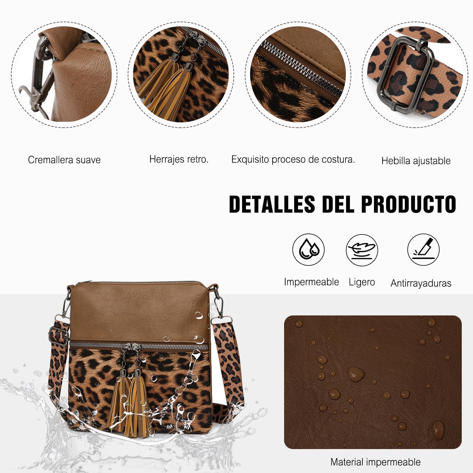 FANDARE Leopardo Bolso Bandolera Mujer Bolso de Hombro Boho Flecos Bolso Tote de PU Cuero Bolsa Crossbody para Trabajo, Oficina, Viaje
