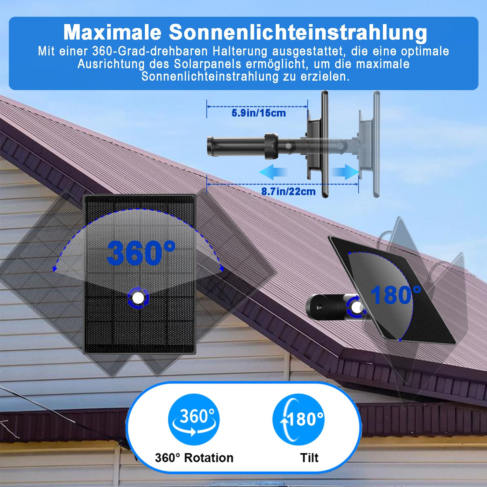 6W Solarladegerät für batteriebetriebene Ring-Türklingeln, 4m Ladekabel, Micro-USB & Type C & Gabel-Stromanschluss, IP66 wasserdicht