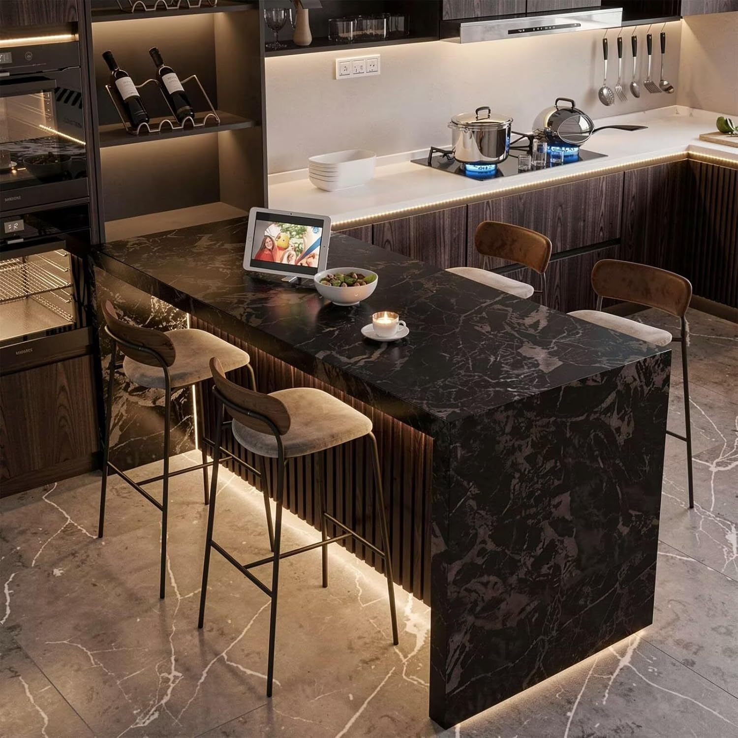 Kitchen Island with Storage - Kitchen Island Table with Slate Top, Luxurious Dinner Table Includes Integrated Power Outlets, Spacious Work Surface for 4 Persons (72IN No Chairs)