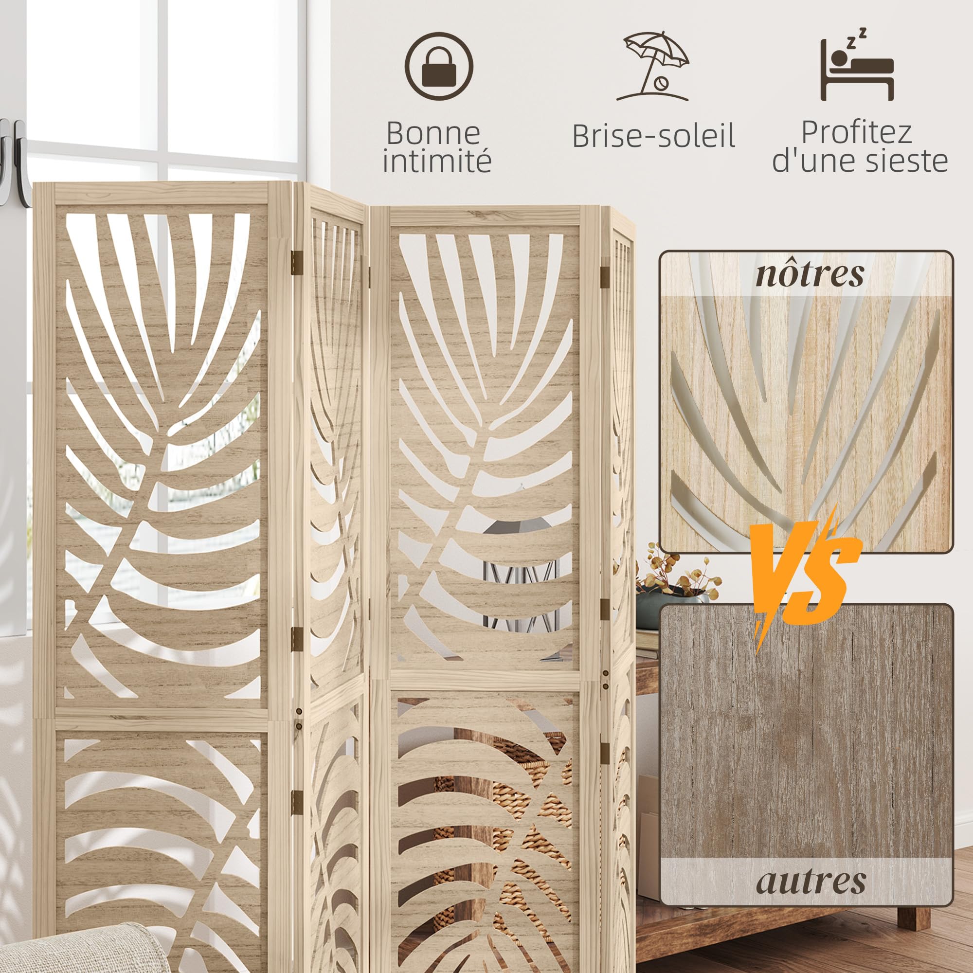 HOMCOM Paravent Intérieur en Bois 4 Panneaux 160 x 170 cm, Séparateur de Pièce Pliable et Portable, Motif de Feuille, Cloison de Séparation Amovible pour Salon, Chambre à Coucher, Maison, Bois Naturel