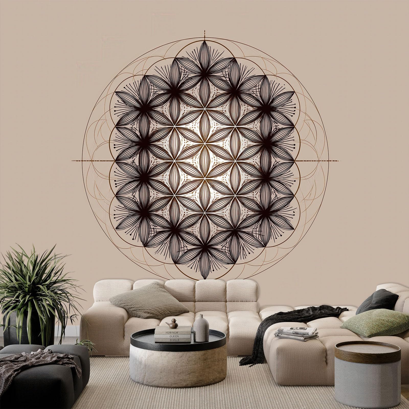 Fototapeta boho, 350 szer. x 256 cm, abstrakcyjny geometryczny kwiat życia, trwała, włóknina, sztuka ścienna, do salonu, biura, przedszkola, pokoju zabaw, odporna na rozdarcie, tapeta ścienna plakat