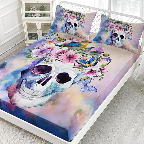 Miniatura 2 de AILONEN Juego de sábanas bajeras de calavera floral tamaño matrimonial para niños y niños, juego de ropa de cama con diseño de calavera floral en 3D