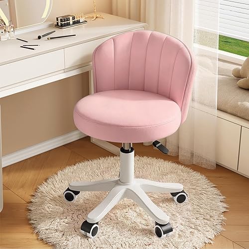 Small Round Rolling Desk Chair Armless Comfy Vanity Computer Chair with Low Backrest PU Leather Height Adjustable Swivel Work Spa Chair - Pink - Set of 1 with backrest
