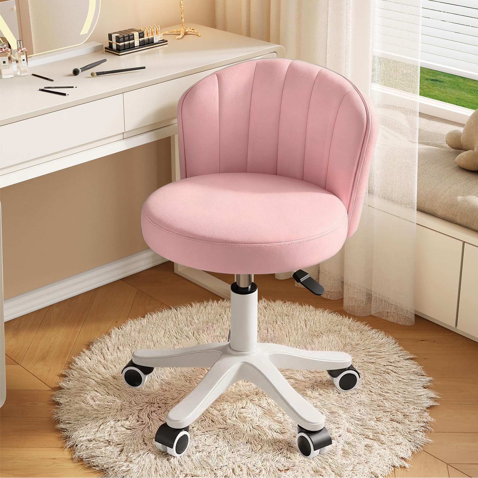 Small Round Sliding Armless Desk Chair Comfortable Makeup Computer Chair with Low Back PU Leather Adjustable Swivel Height for Work and Spa