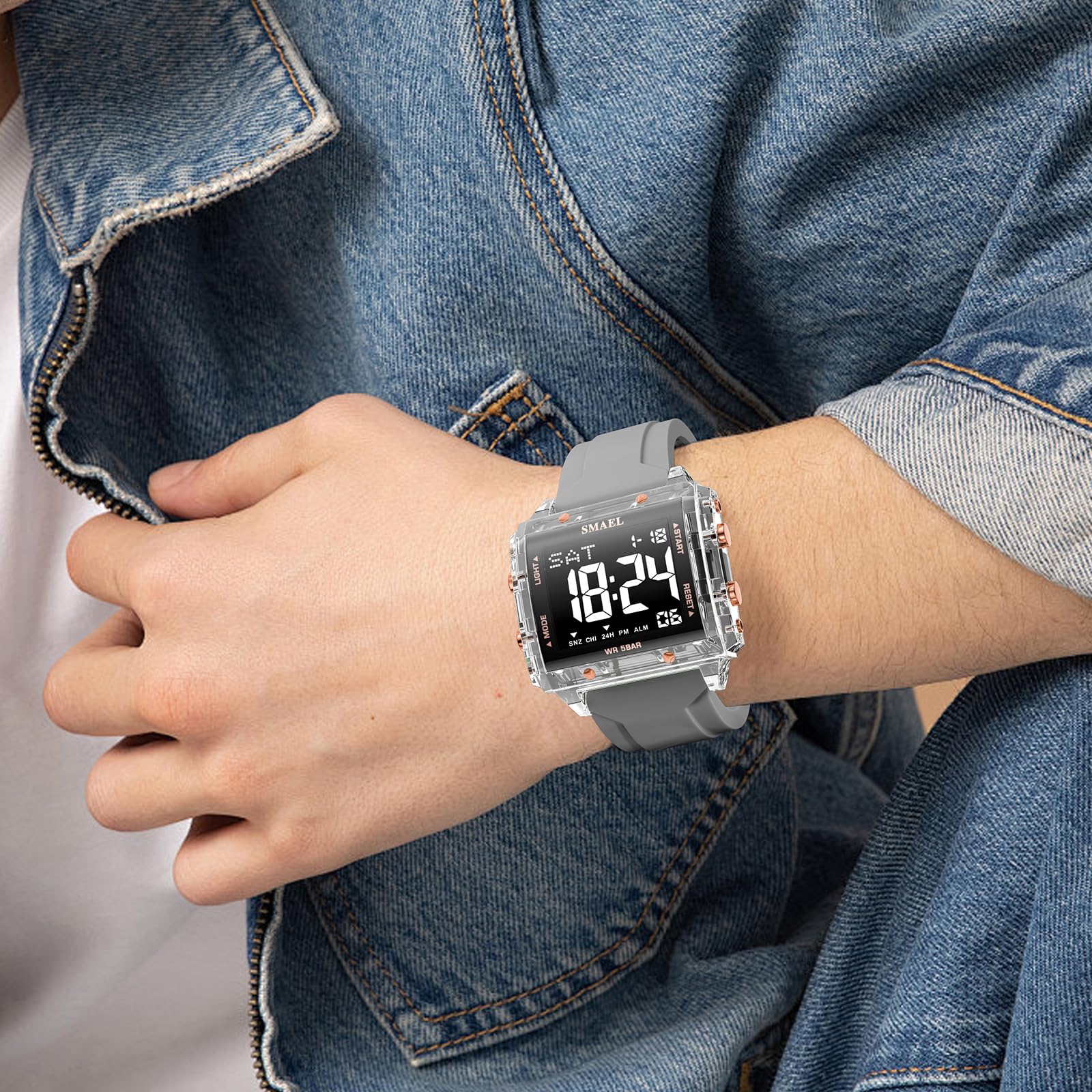 KXAITO Digital Sports Watch, Square Case 44mm, LED Night Light Display, 5ATM Waterproof, Silica Gel Band, Alarm Chronograph Stopwatch, Gift - 5