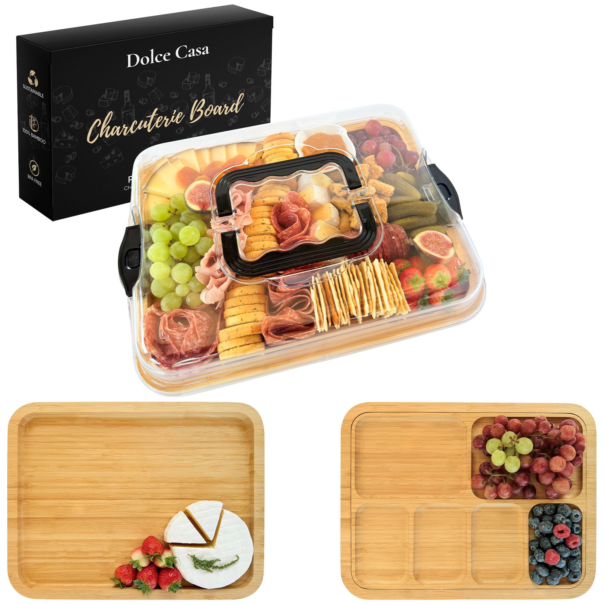Dolce Casa Charcuterie Board with Lid & Handle, 3-in-1, Portable Bamboo Serving Tray with Lid & Removable Snack Tray for Cheese, Fruit, Food, Cheese