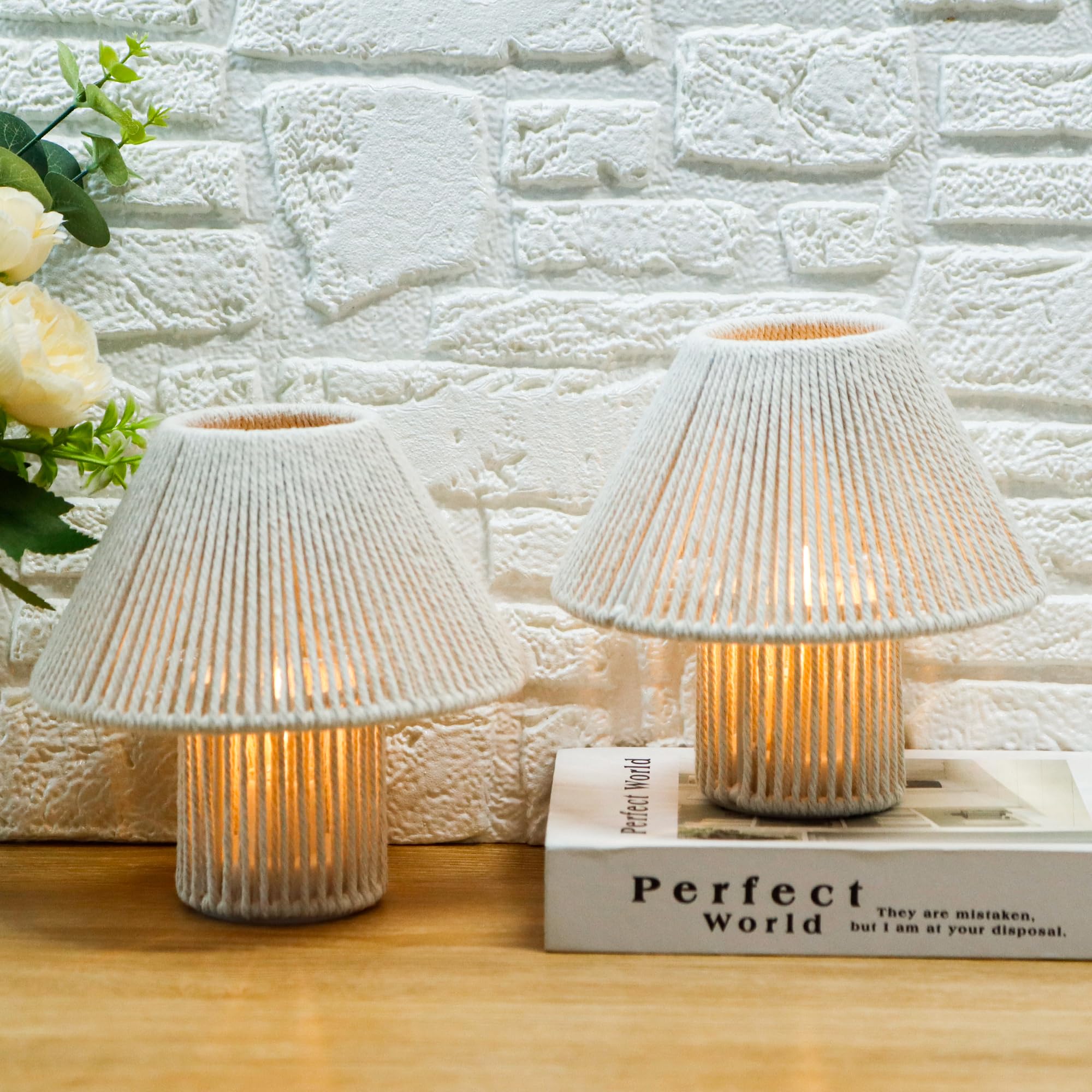 TRIROCKS Geflochtene Baumwollschnur LED Tischlampe ohne Kabel 2er Set, 18 cm hoch, batteriebetriebene Schreibtischlampe, Boho-Nachttischlampen für Wohnzimmer, Schlafzimmer, Hochzeiten, Patio
