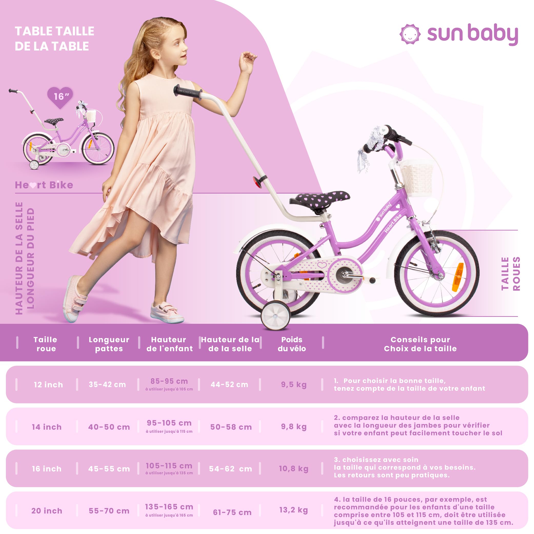 Vélo Enfant Fille 12/14/16 Pouces Sun Baby Heart avec Roulettes Stabilisatrices et Barre de Poussée
