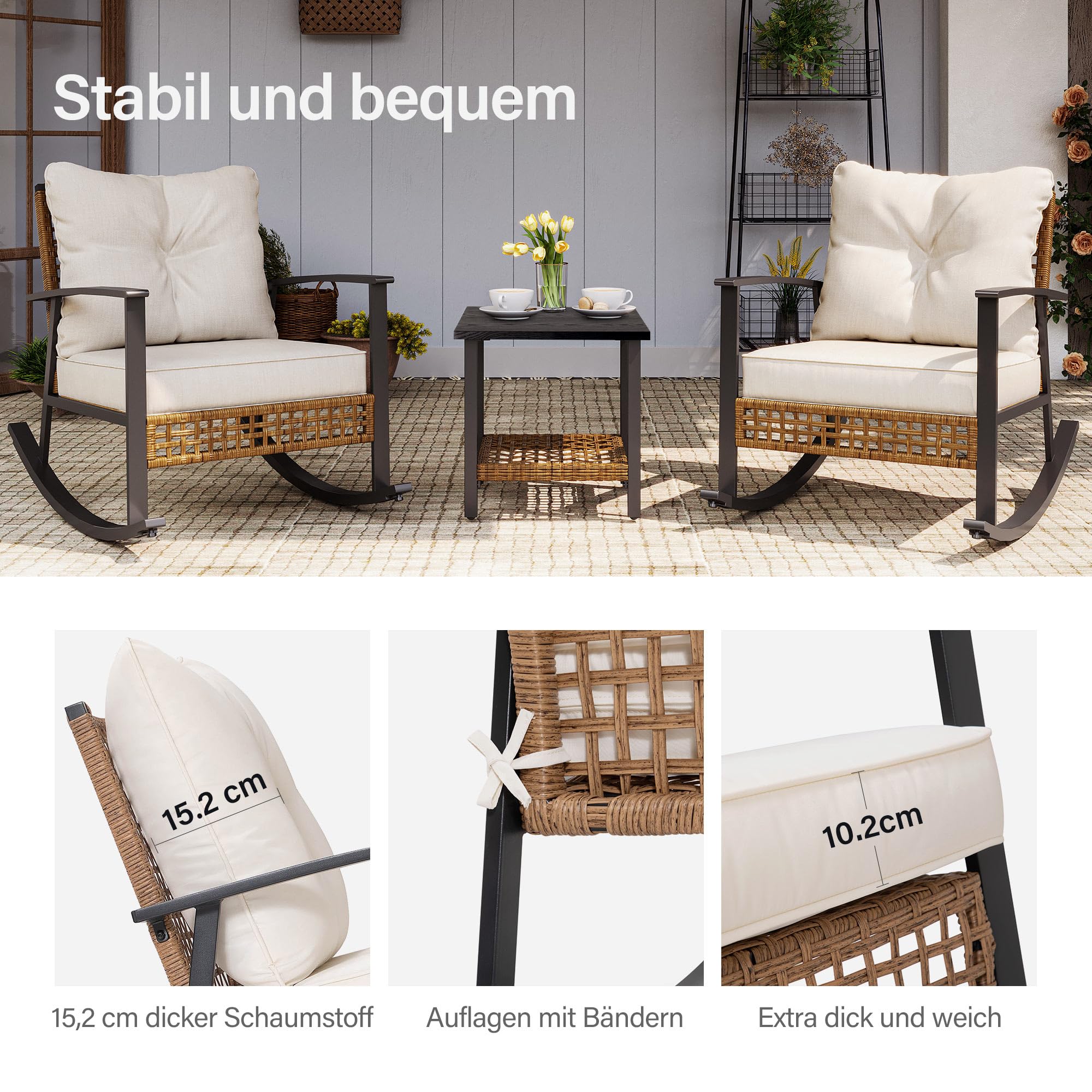LAUSAINT HOME 3-teiliges Schaukel-Bistro-Set, Outdoor-Patio-Möbel mit dicken Polstern und zweistufigem Couchtisch, übergroße Rattan-Sitzgruppe für Garten, Balkon, Hinterhof (Beige)